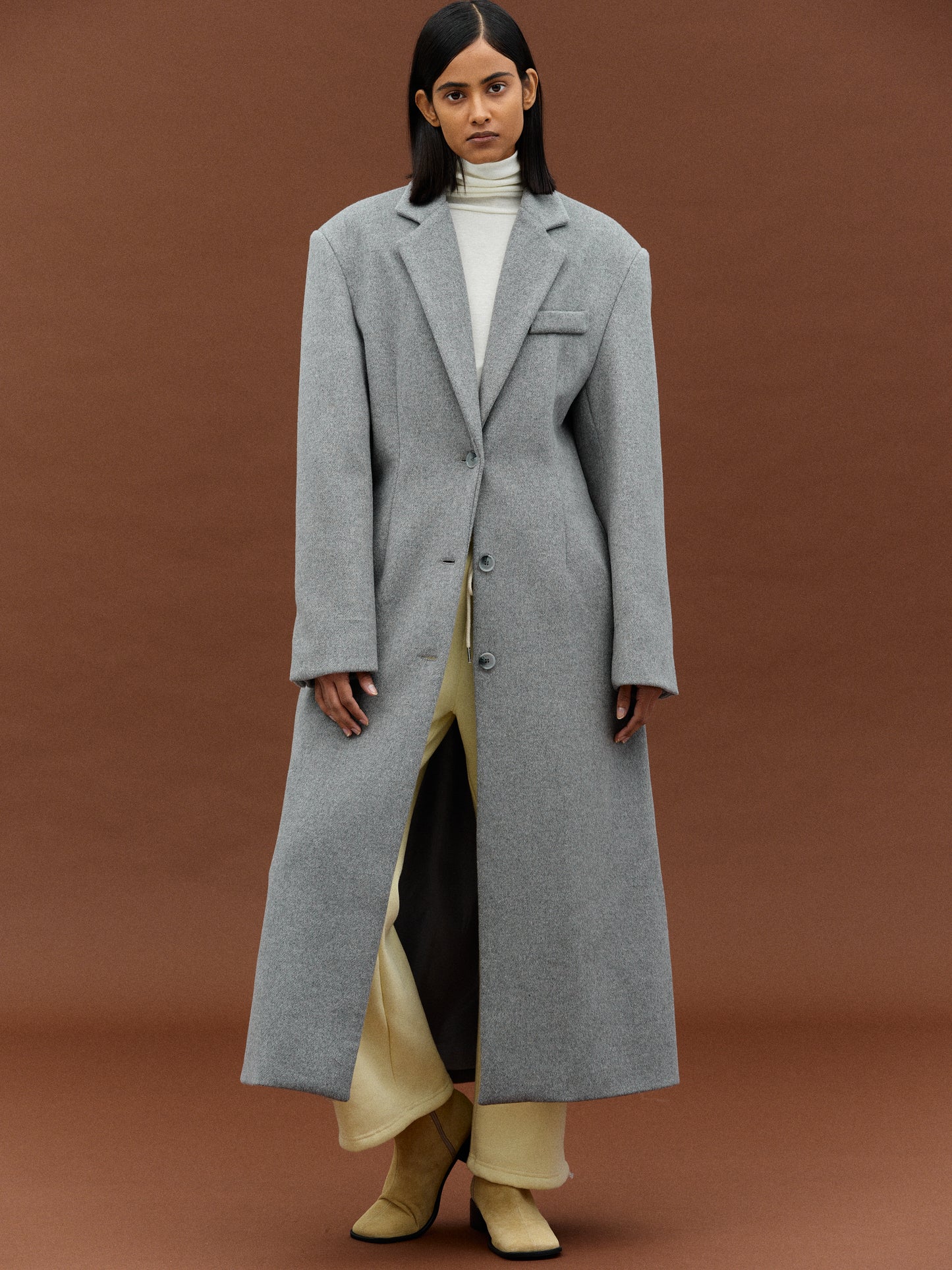 Cinched Waist Long Coat, Grey – SourceUnknown