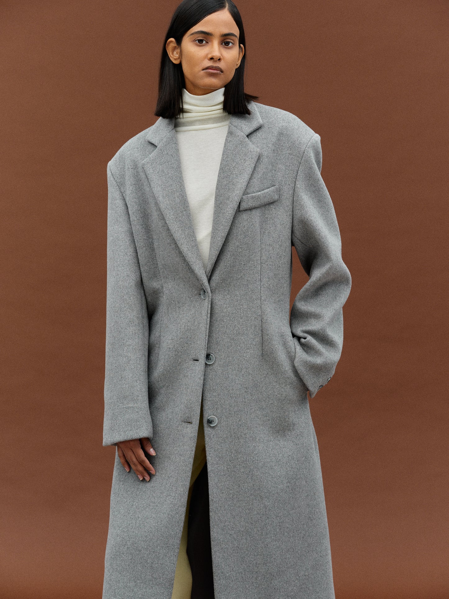 Cinched Waist Long Coat, Grey
