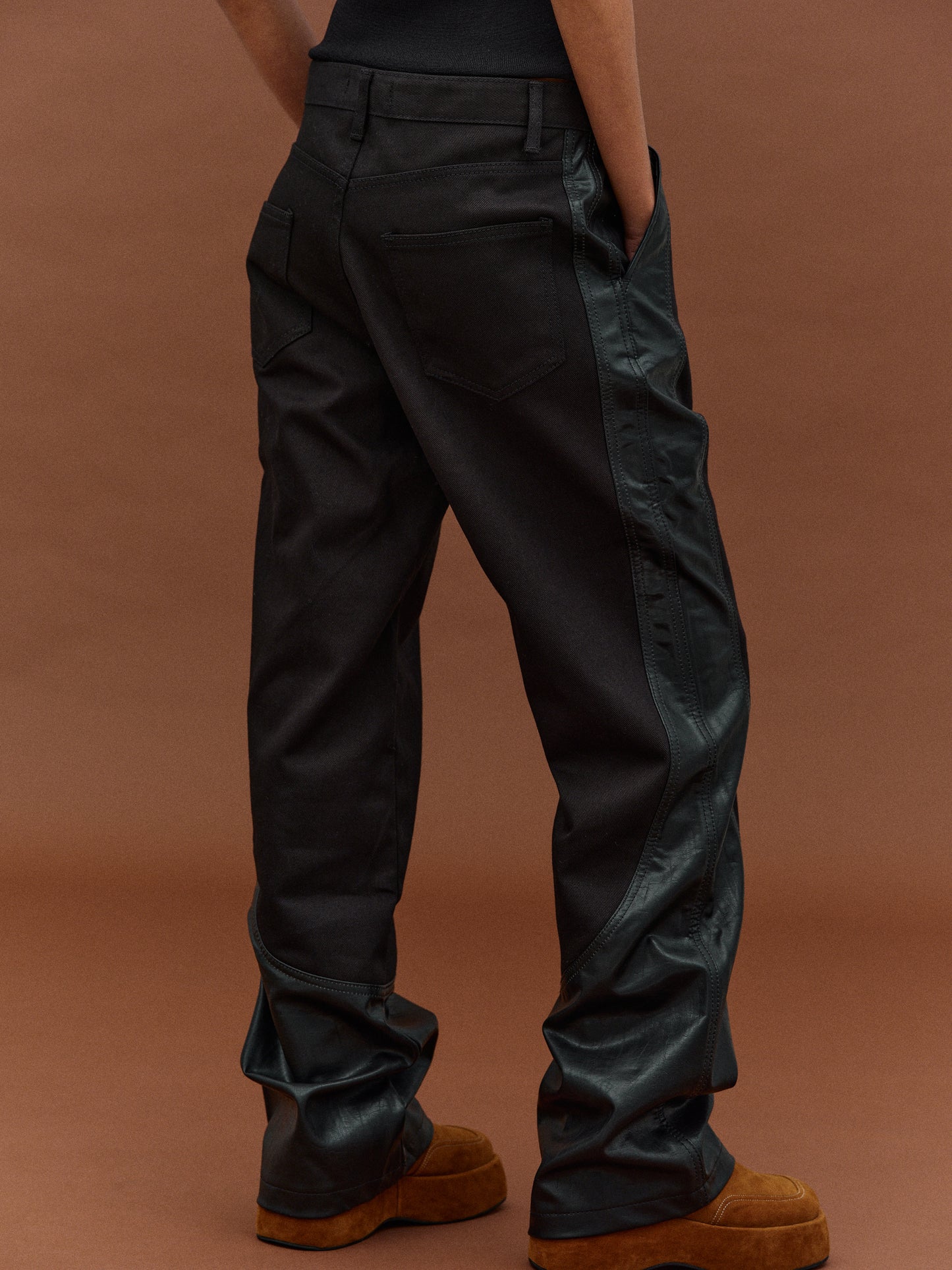 Vegan Leather Mix Trousers, Black