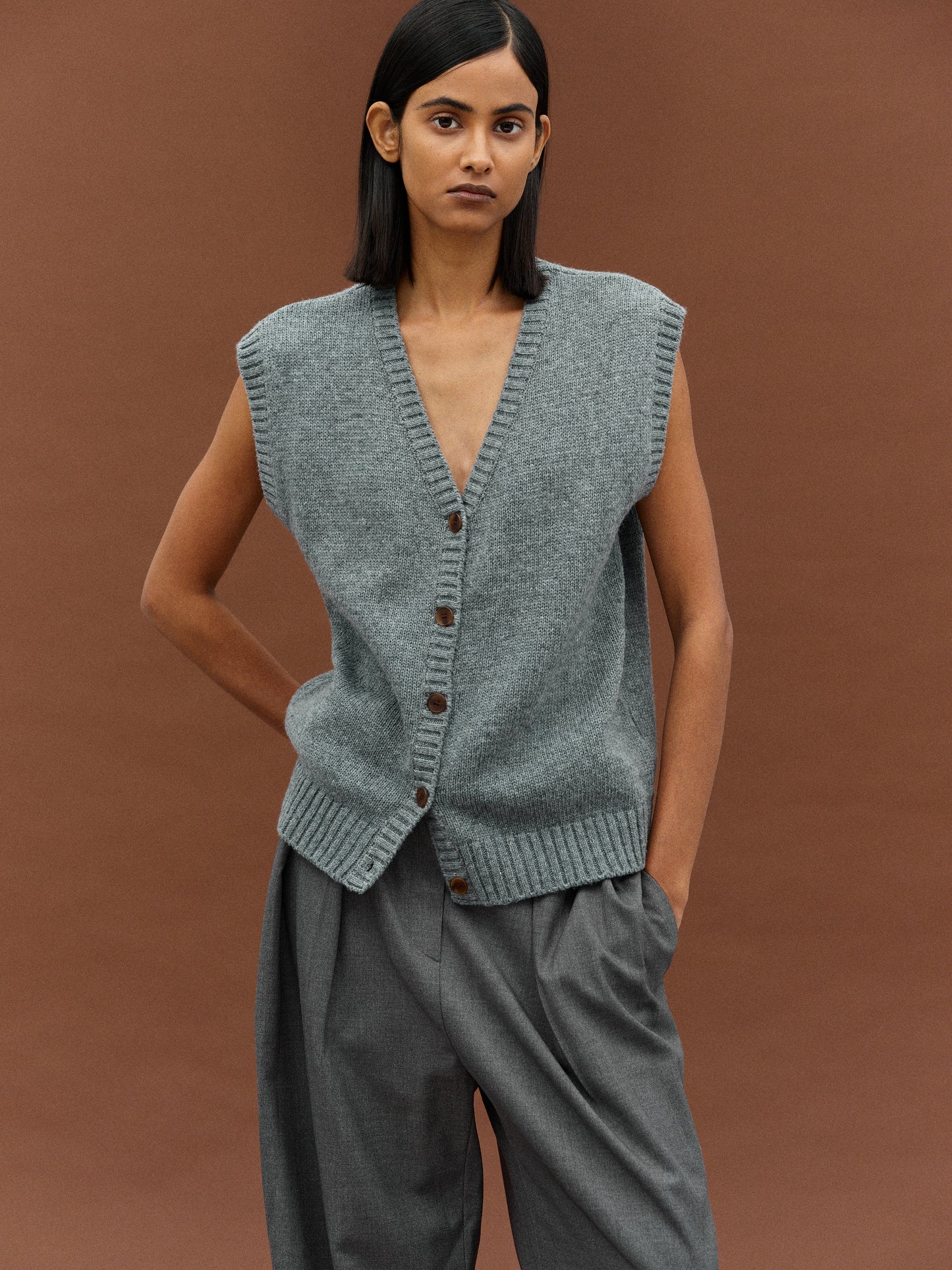 2 Piece Cardigan & Knit Vest, Grey Melange