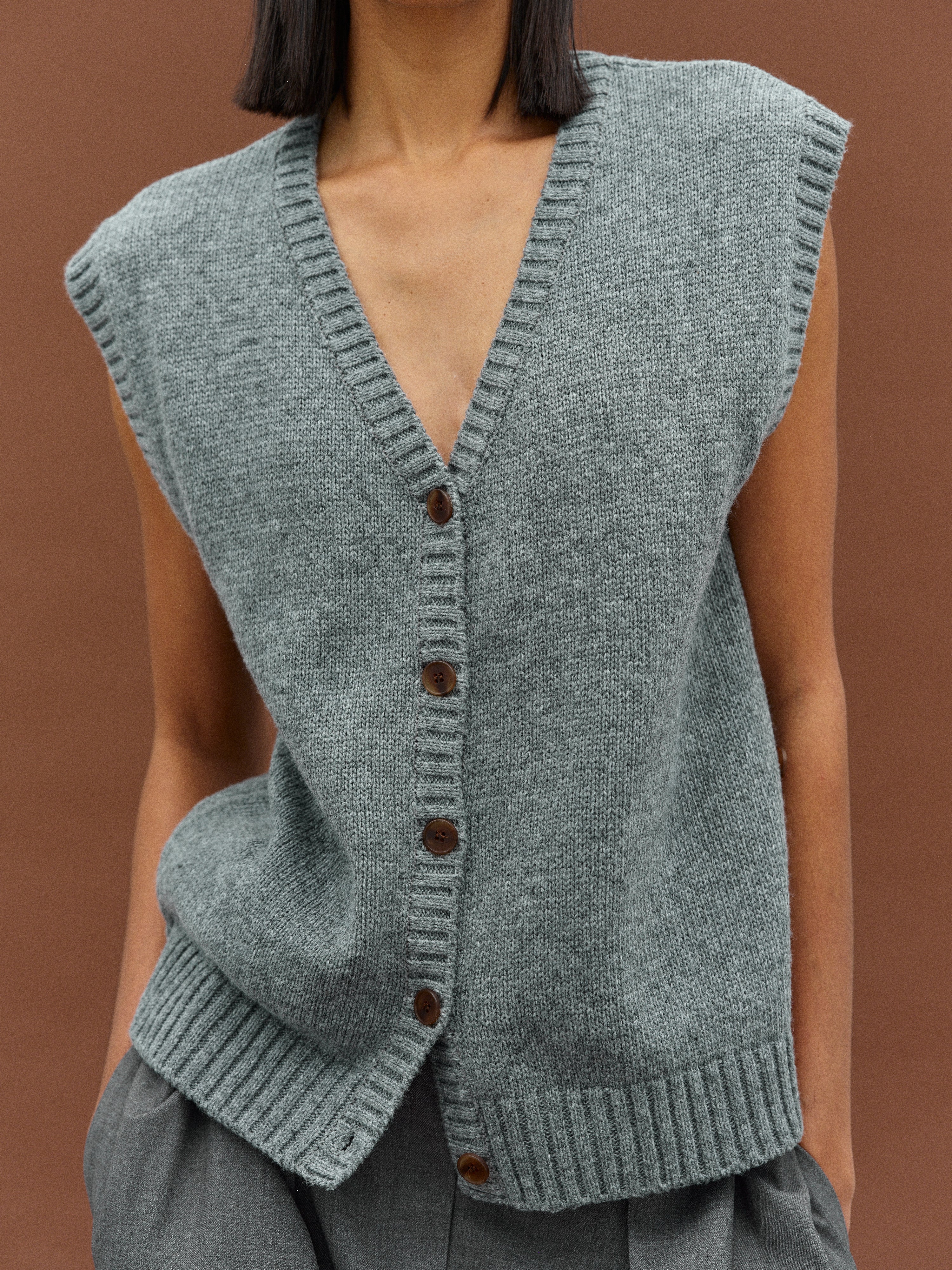 2 Piece Cardigan & Knit Vest, Grey Melange