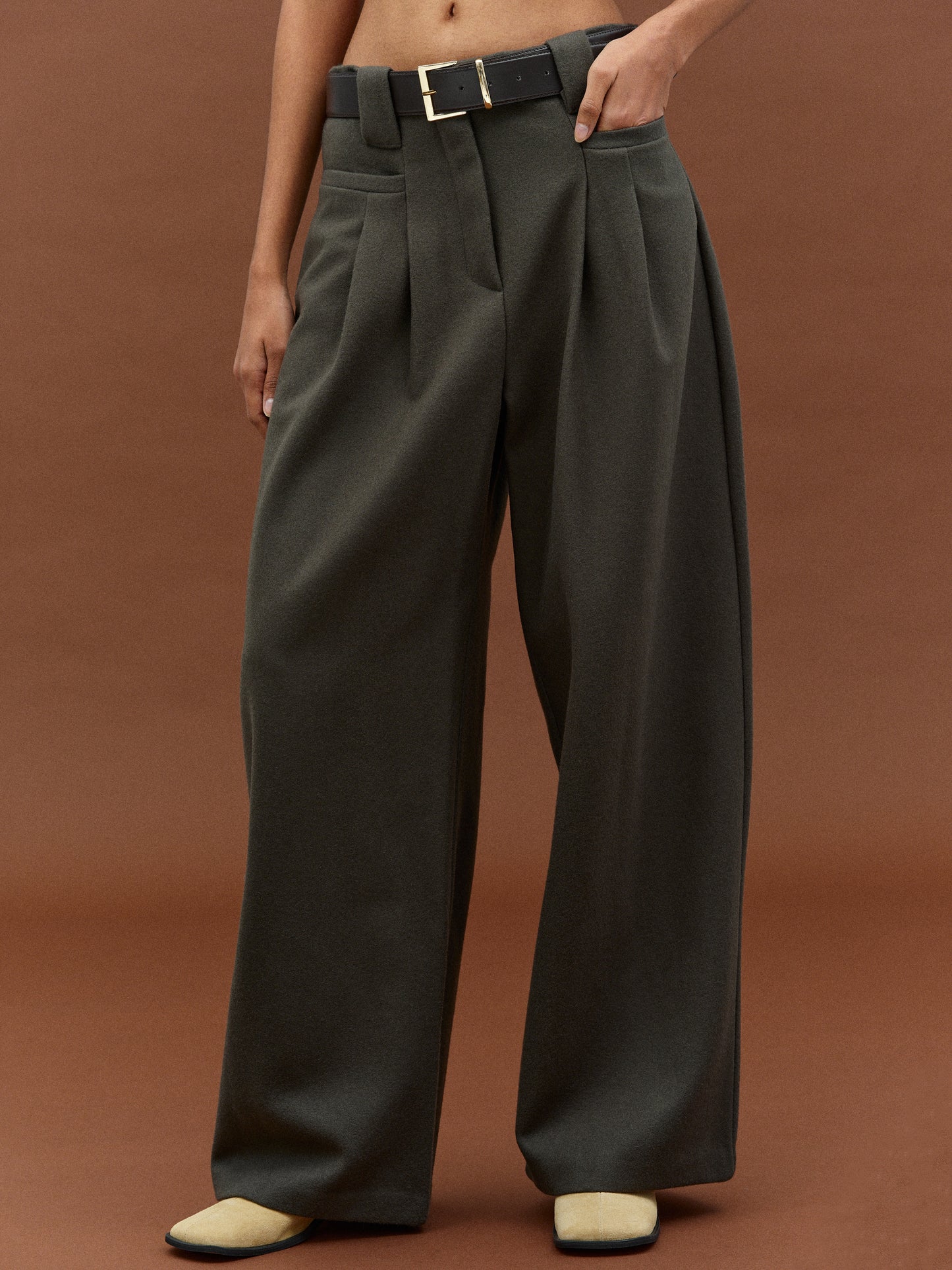 Felted Wool Trousers, Dark Olive