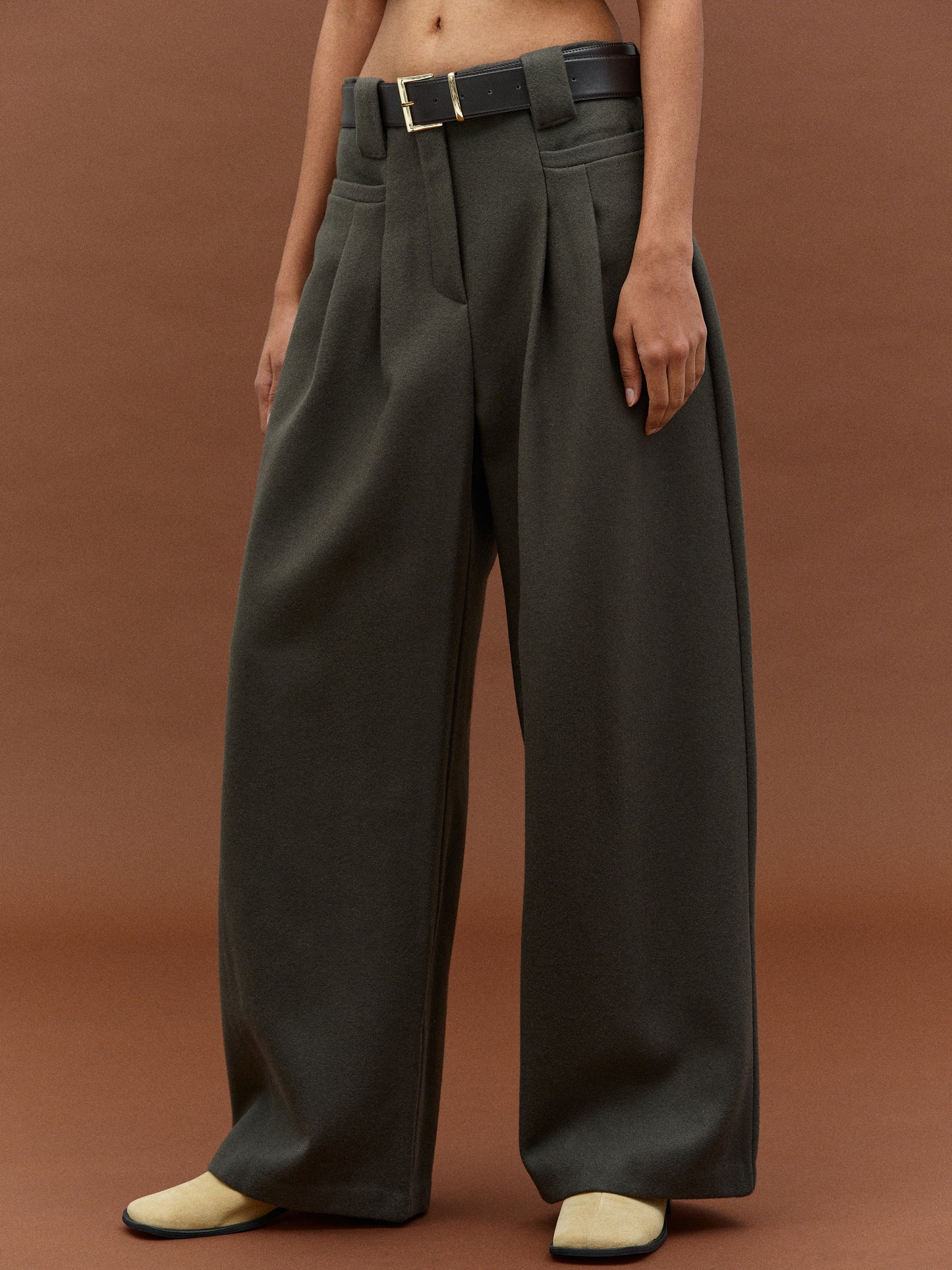 Felted Wool Trousers, Dark Olive