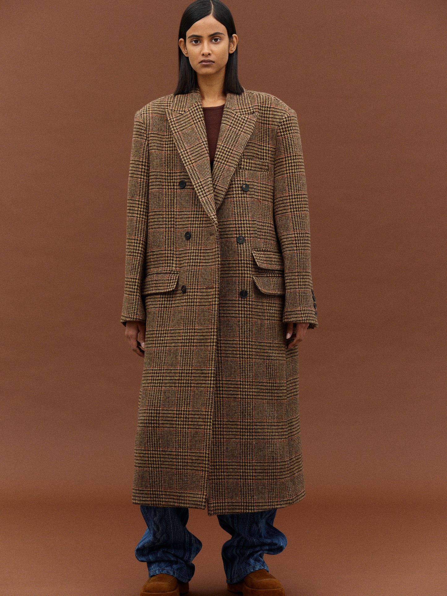 Tailored Houndstooth Wool Coat, Brown