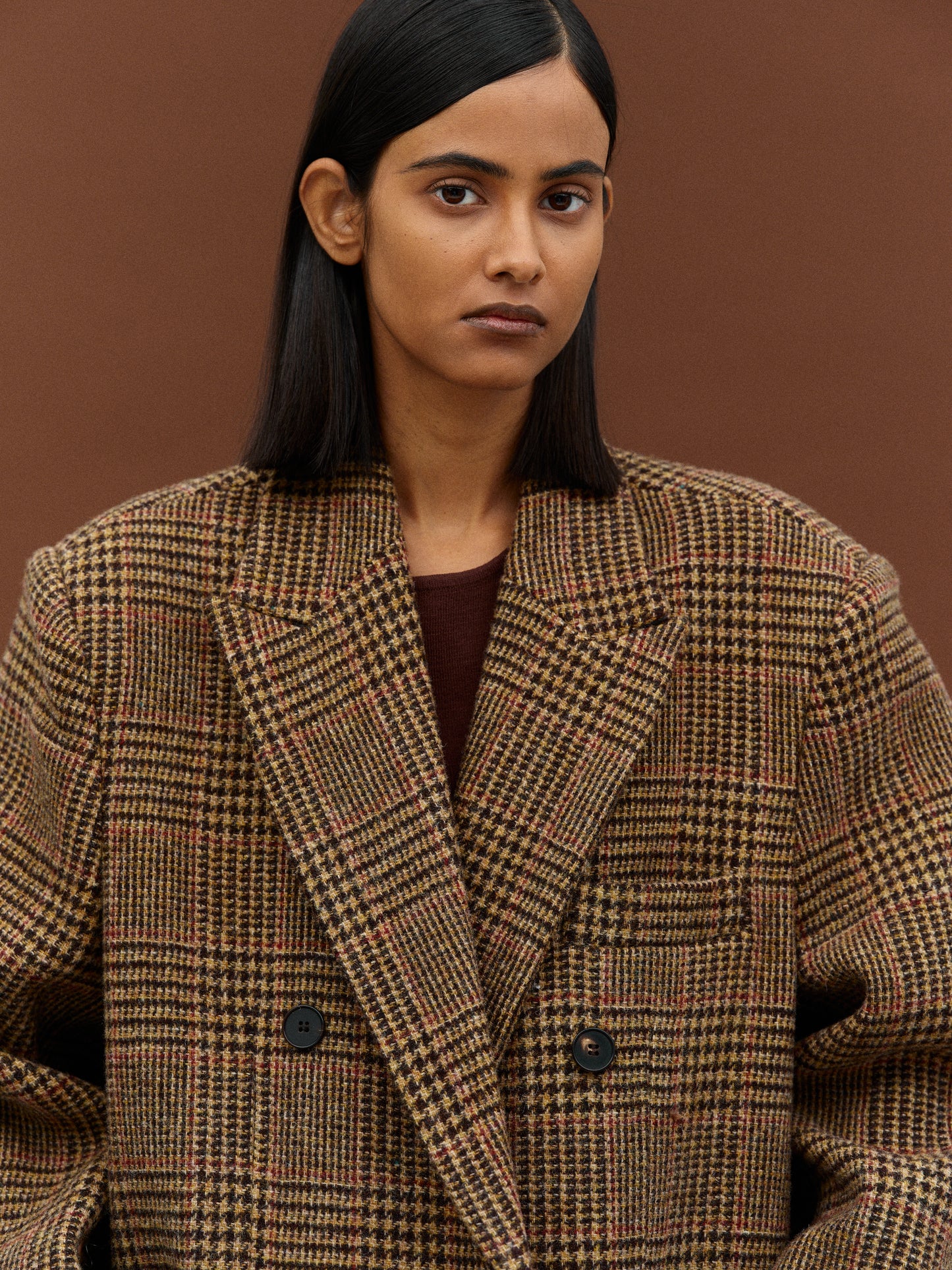 Tailored Houndstooth Wool Coat, Brown