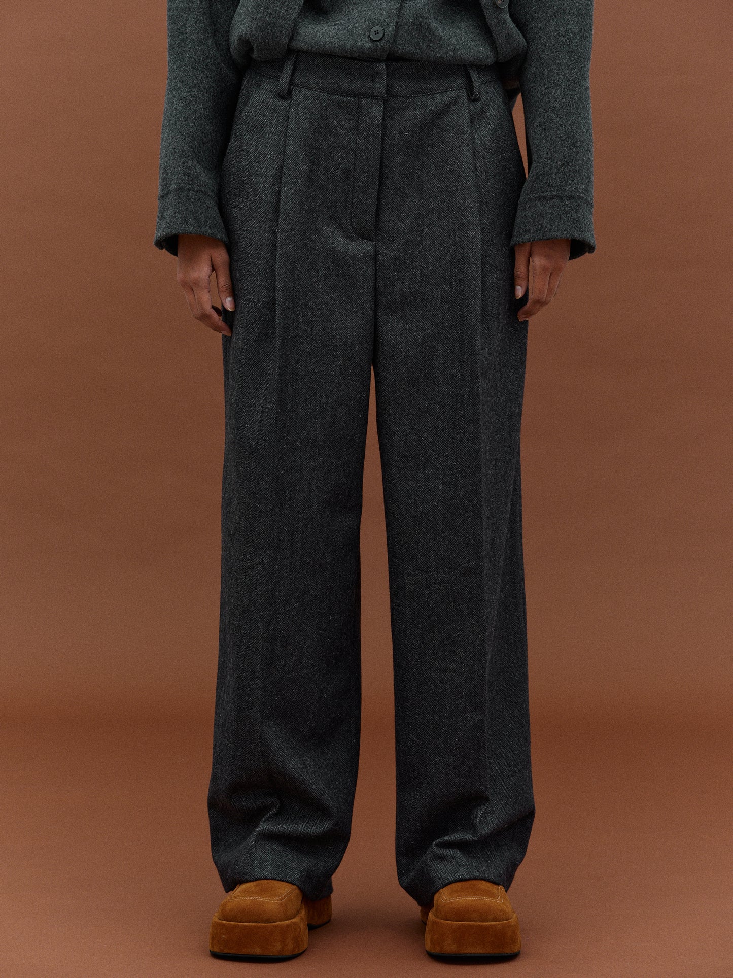 Herringbone Wool Trousers, Dark Charcoal Melange