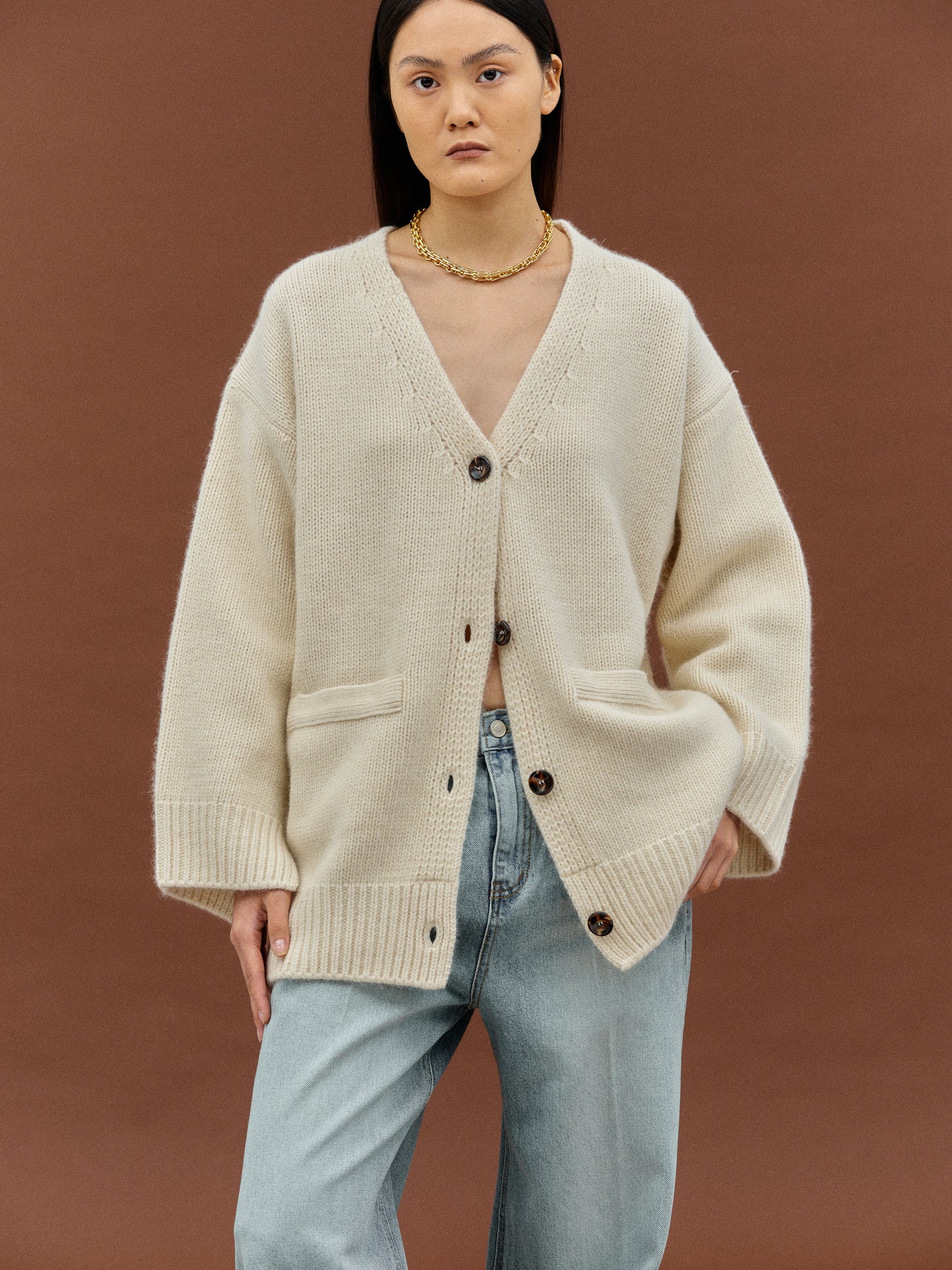Oversized Fine Wool Cardigan, Ivory