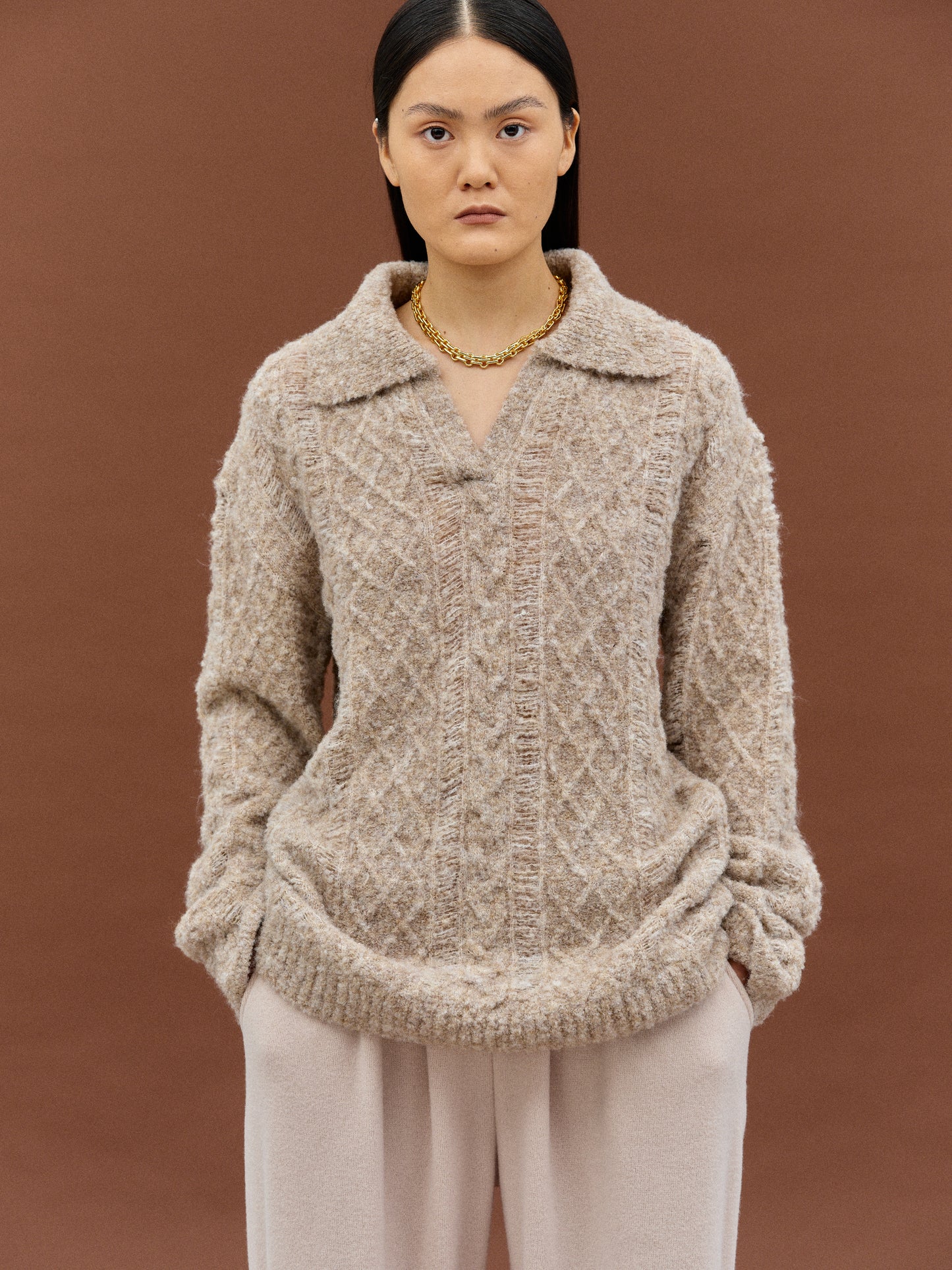 Boucle Distressed Sweater, Sand