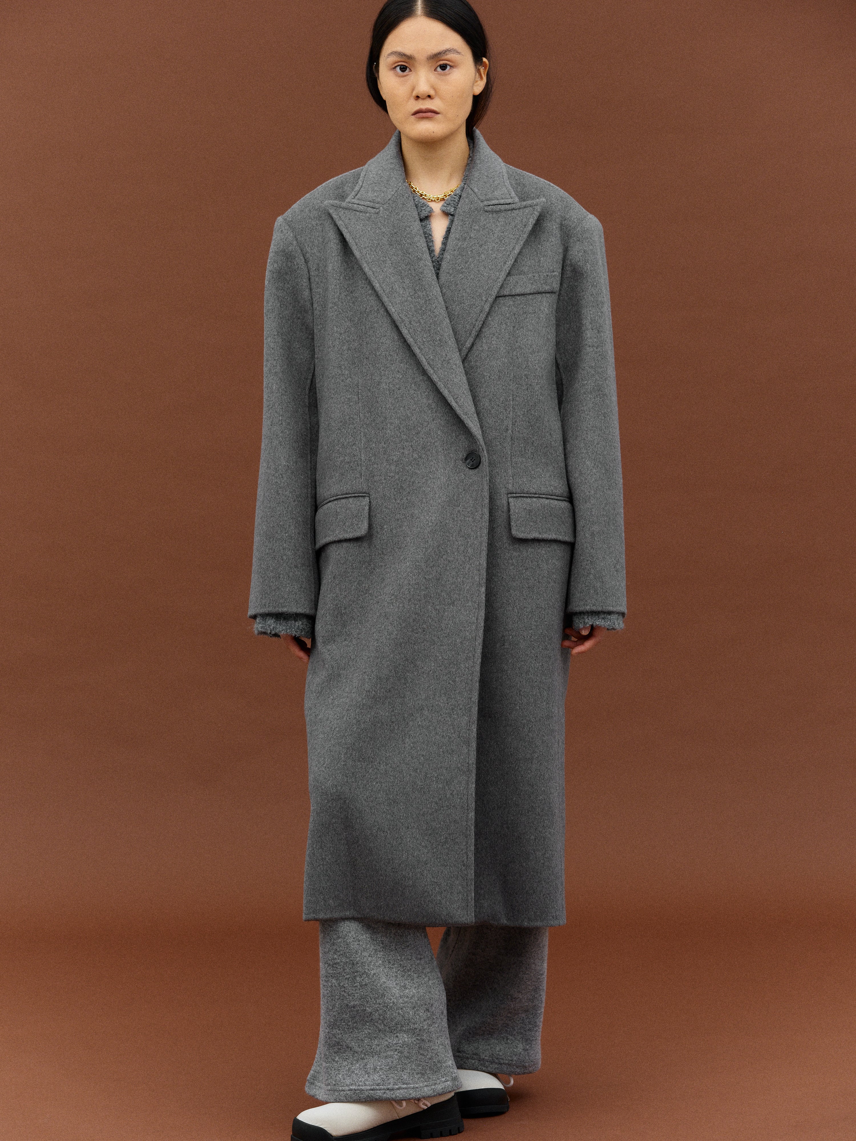 (Pre-order) Maxi Lapel Wool Coat, Charcoal