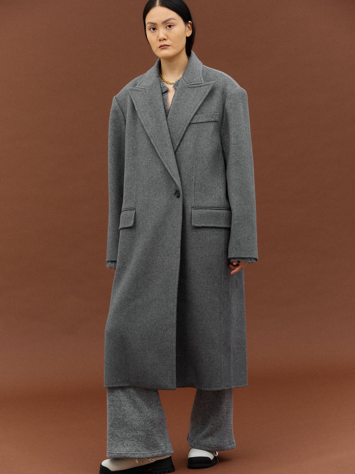 Maxi Lapel Wool Coat, Charcoal