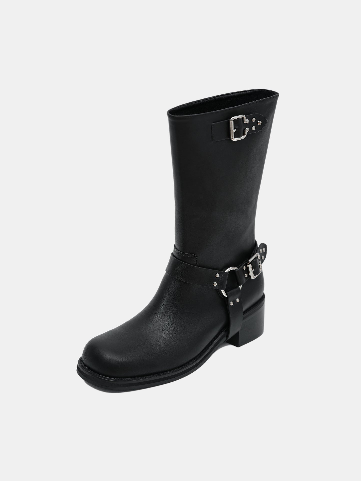 Integrated Buckle Moto Boots, Black Leather