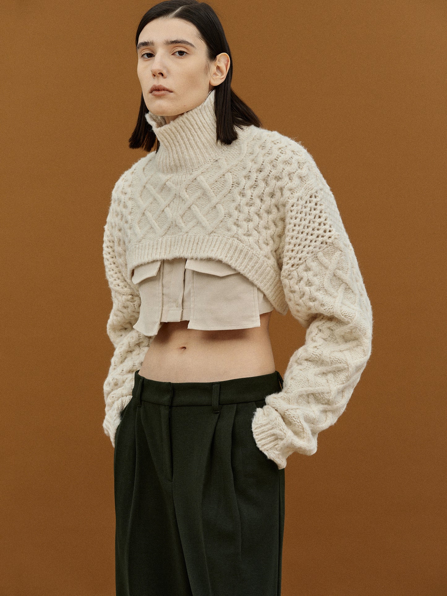 Cropped Cable Turtleneck Knit, Ivory