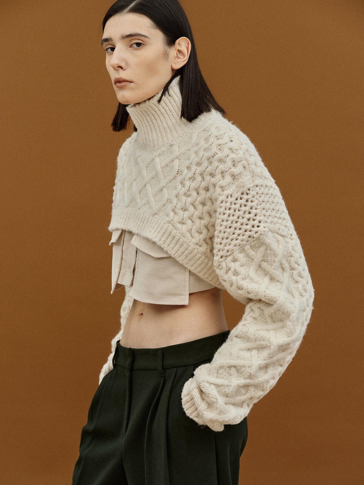 Cropped Cable Turtleneck Knit, Ivory