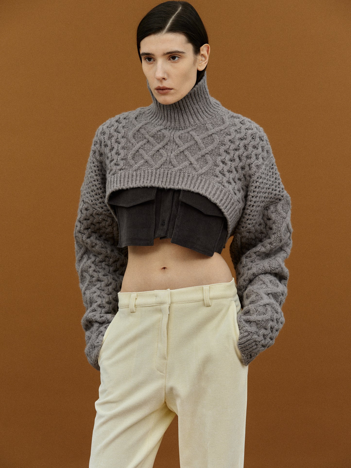 Cropped Cable Turtleneck Knit, Grey