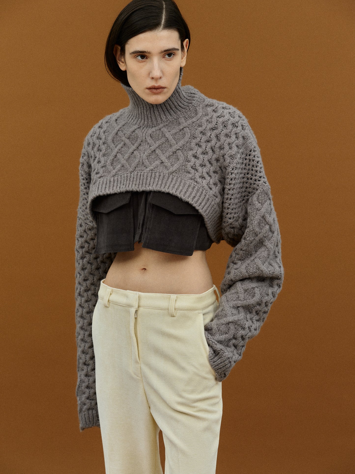 Cropped Cable Turtleneck Knit, Grey