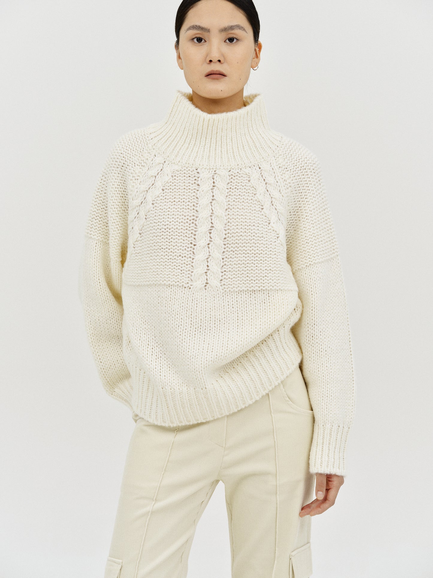 Half Cable Knit Pullover, Ivory
