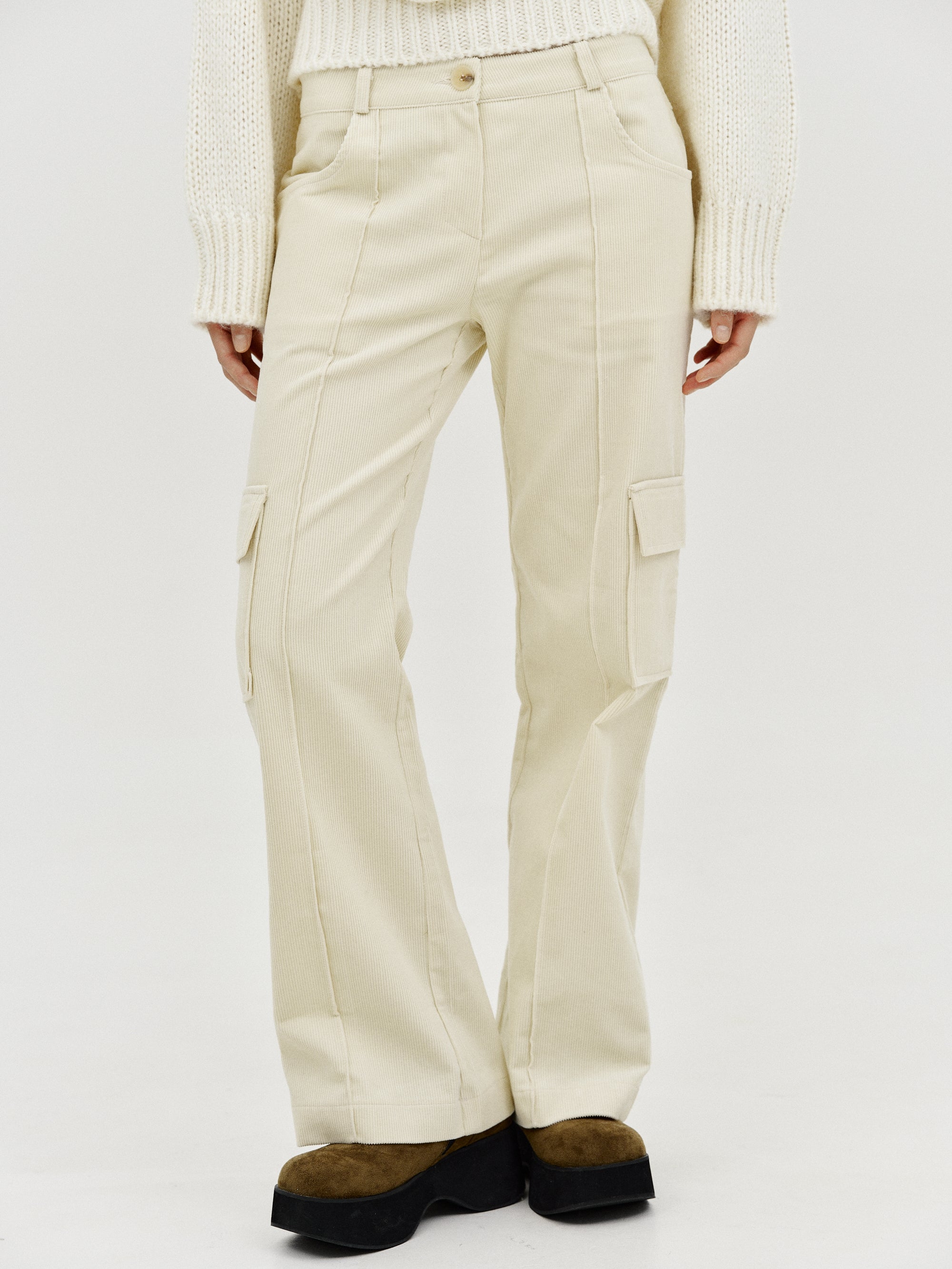 Low Rise Corduroy Cargo Pants, Ivory