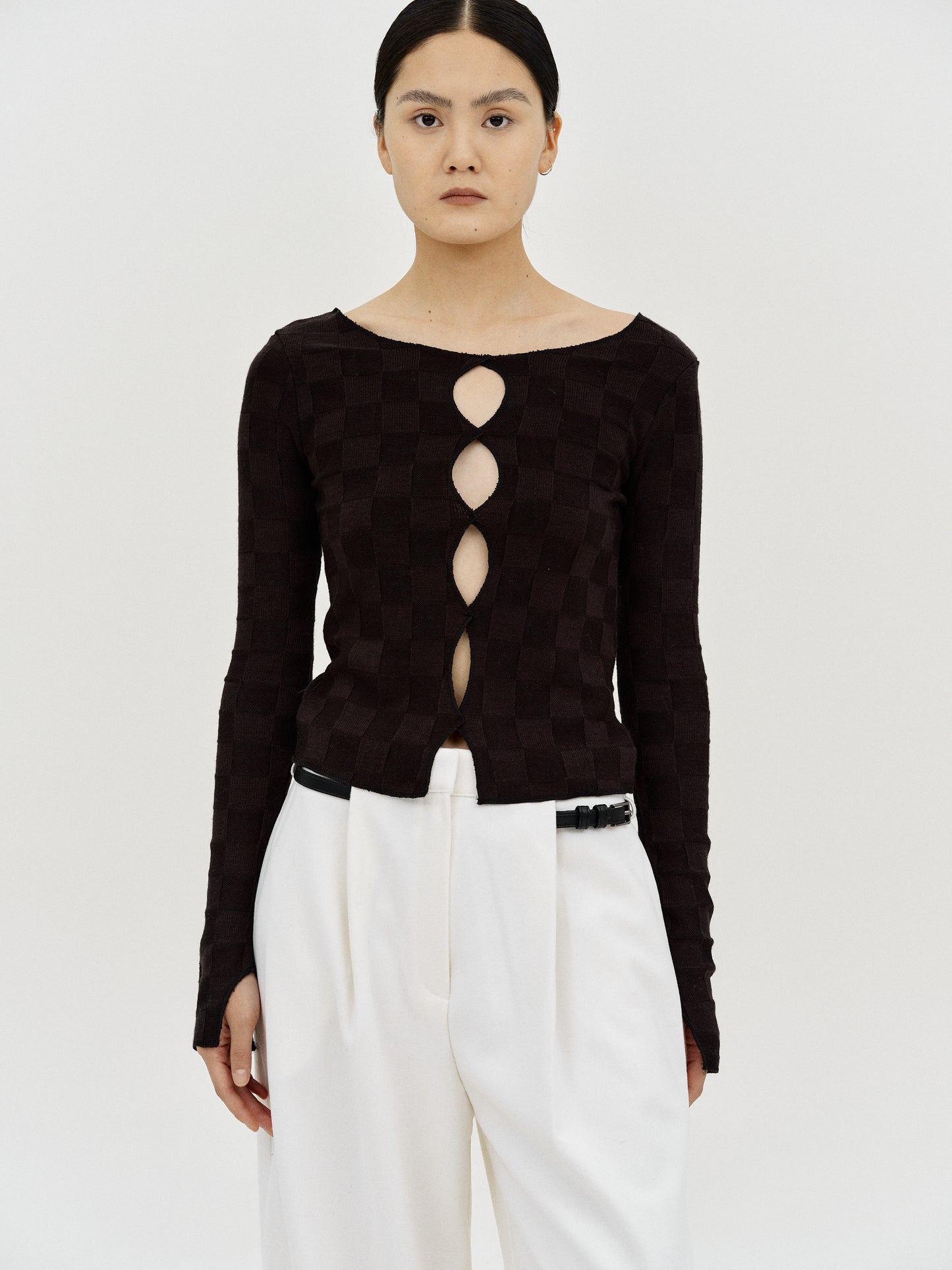 Cut-Out Check Knit Top, Black