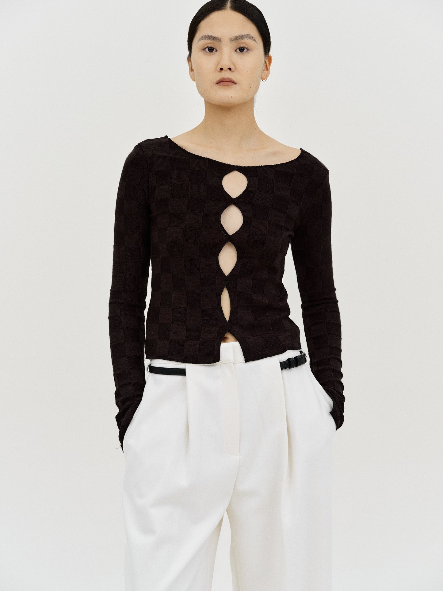 Cut-Out Check Knit Top, Black