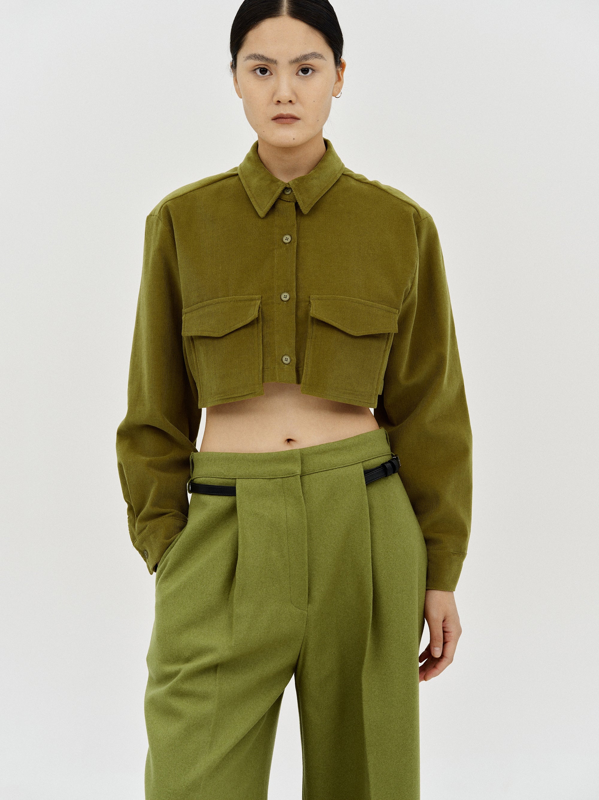 Boxy Cropped Corduroy Shirt, Olive