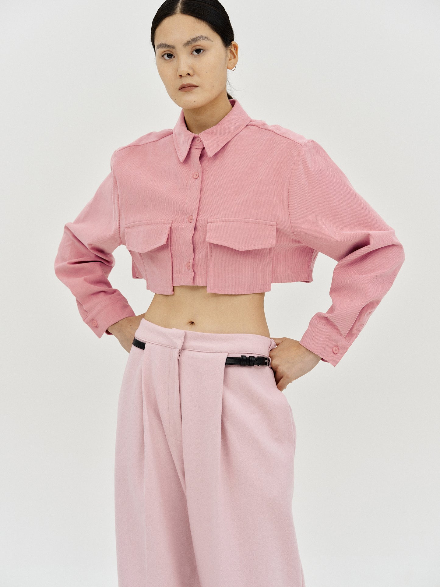 Boxy Cropped Corduroy Shirt, Pink