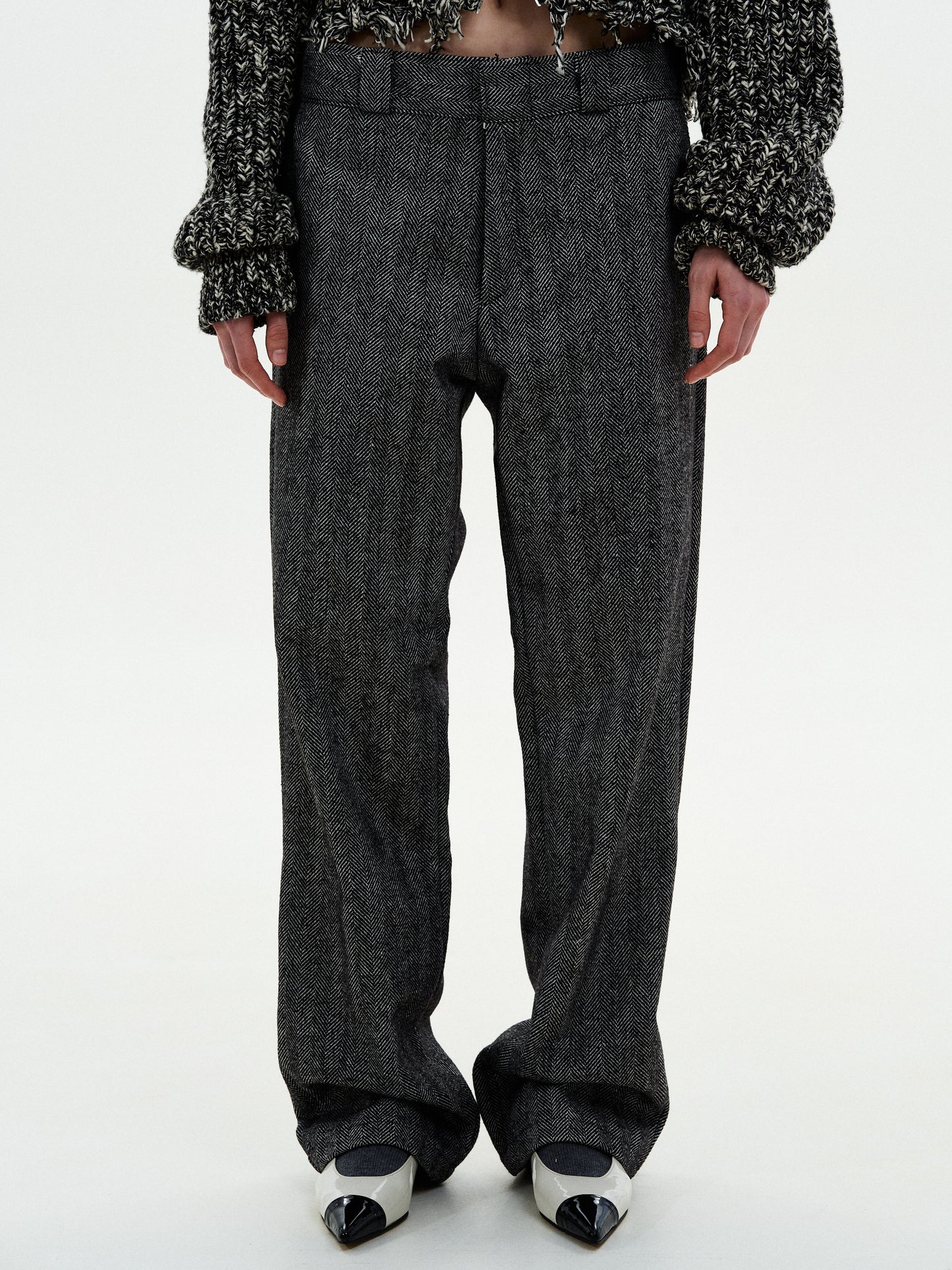 Low Rise Herringbone Suit Trousers, Charcoal