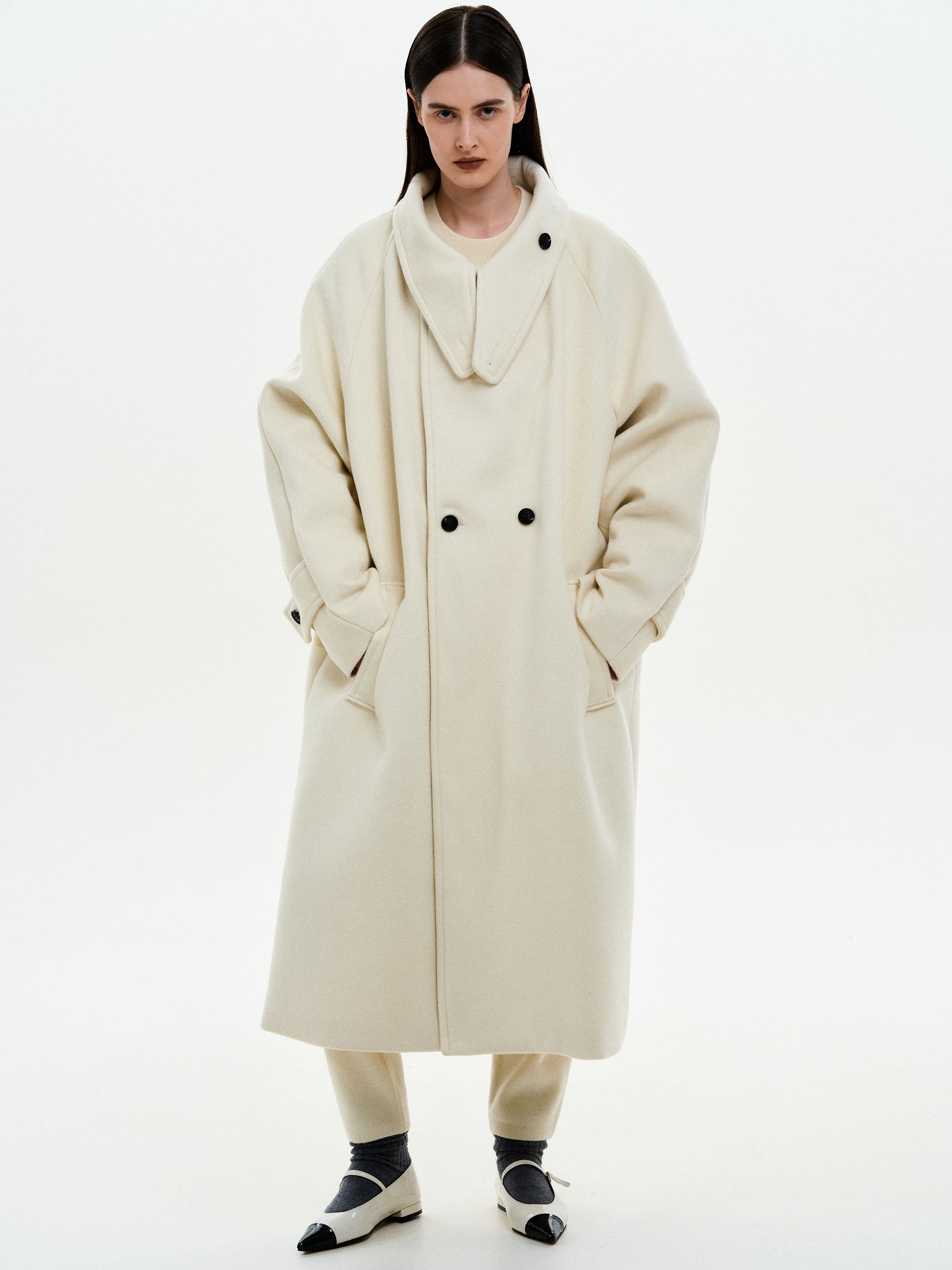 2Way High Neck Collar Coat, Ivory