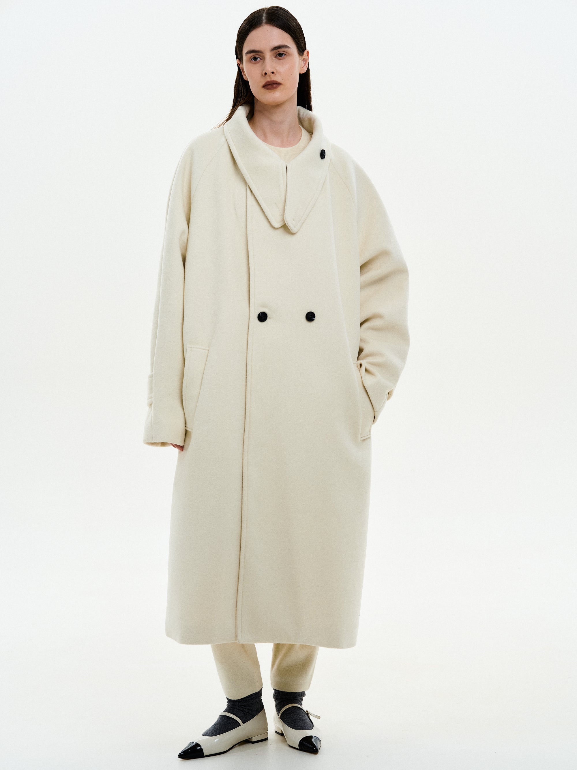 2Way High Neck Collar Coat, Ivory