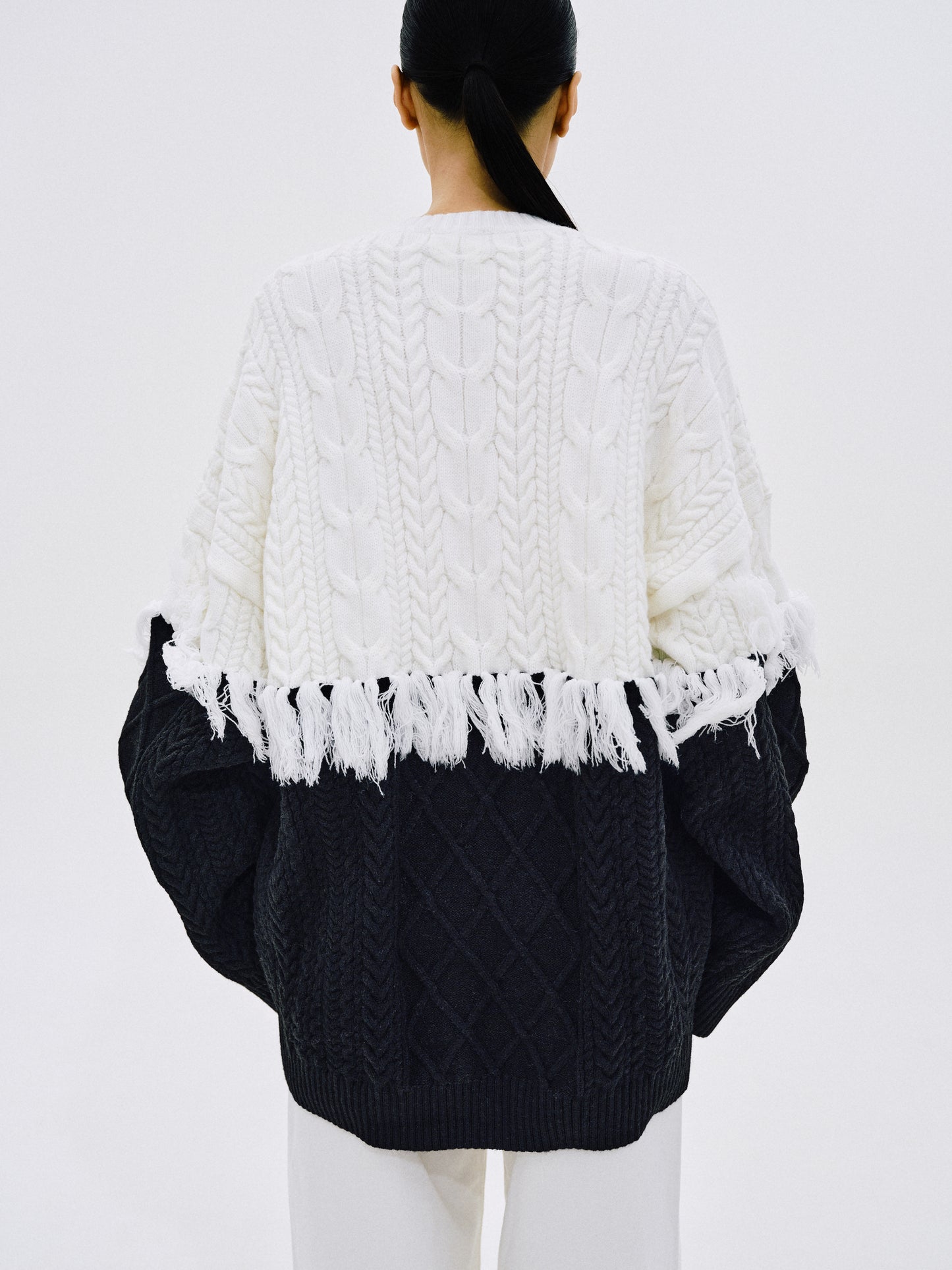 Contrast Fringe Knit Pullover, Black & White