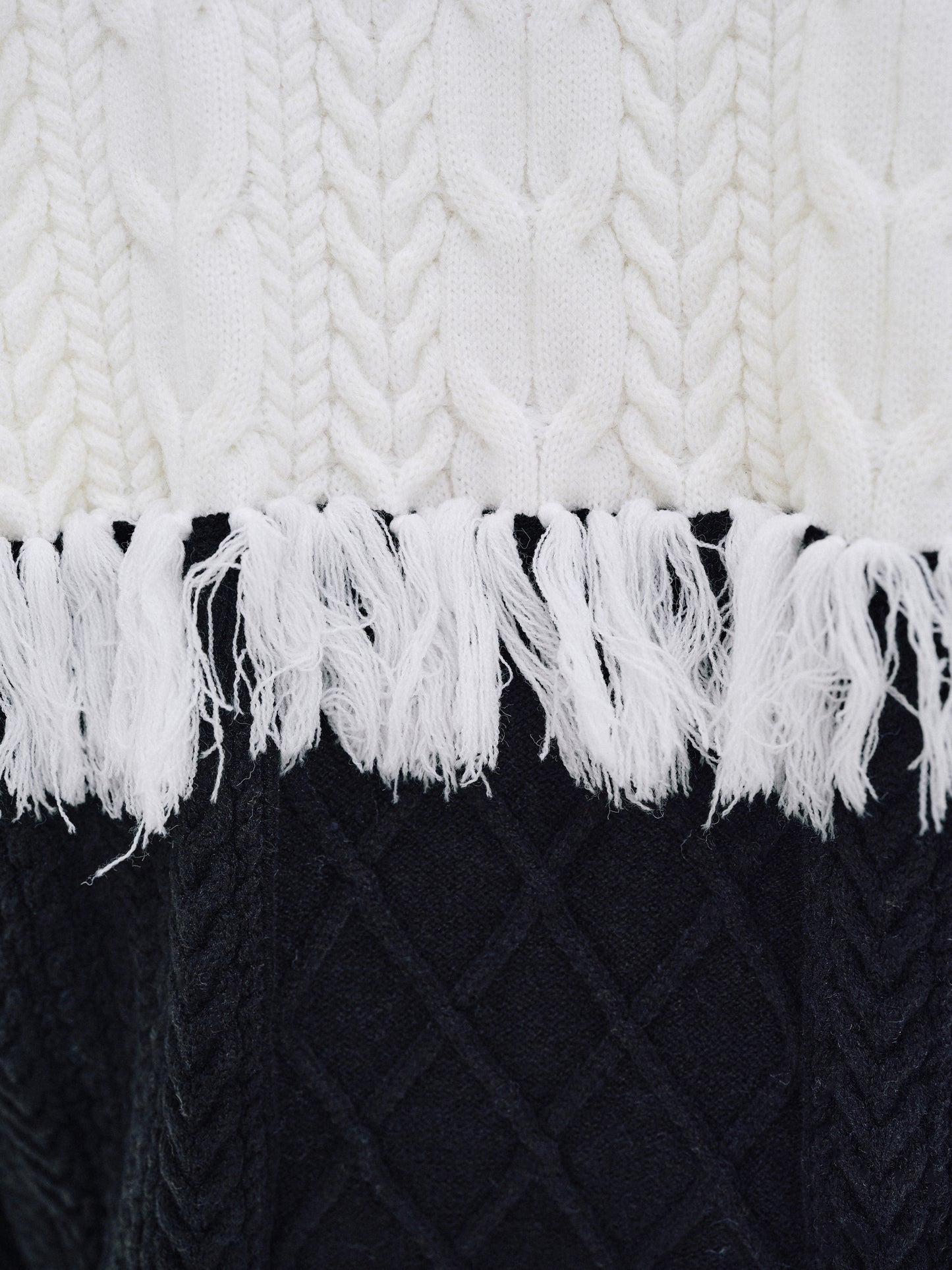 Contrast Fringe Knit Pullover, Black & White