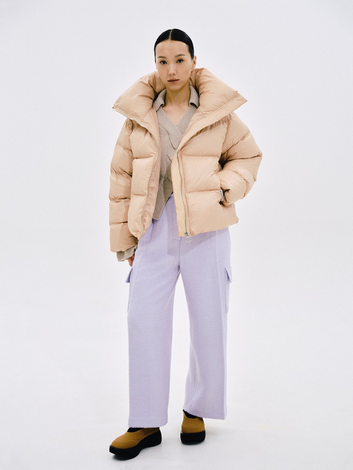 Funnel Neck Puffer Down Jacket, Salmon Pink