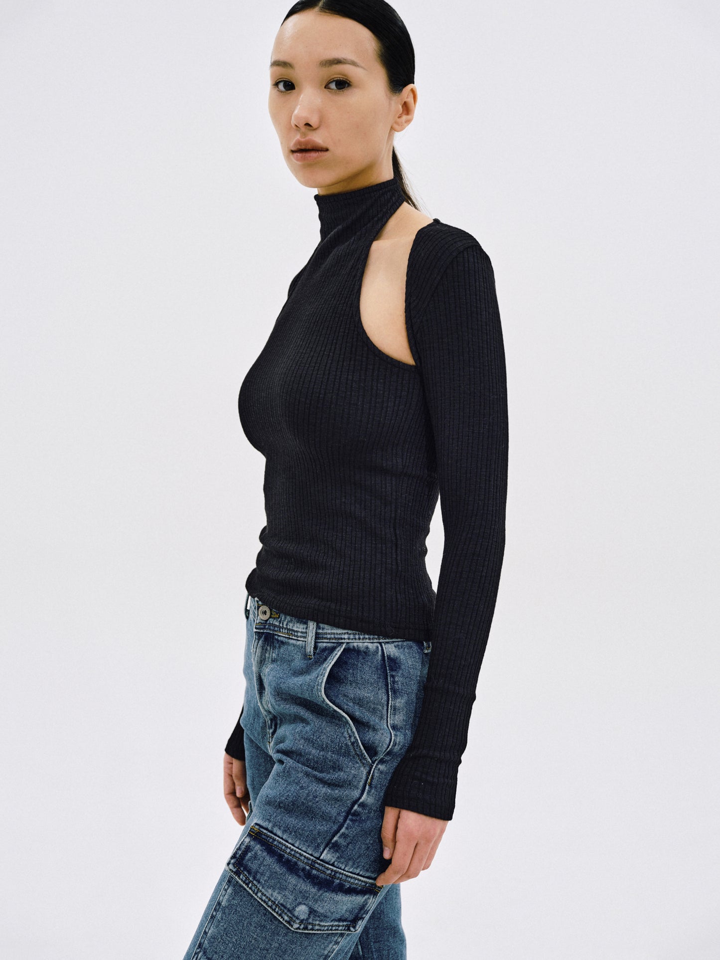 Cut Out High Neck Top, Black