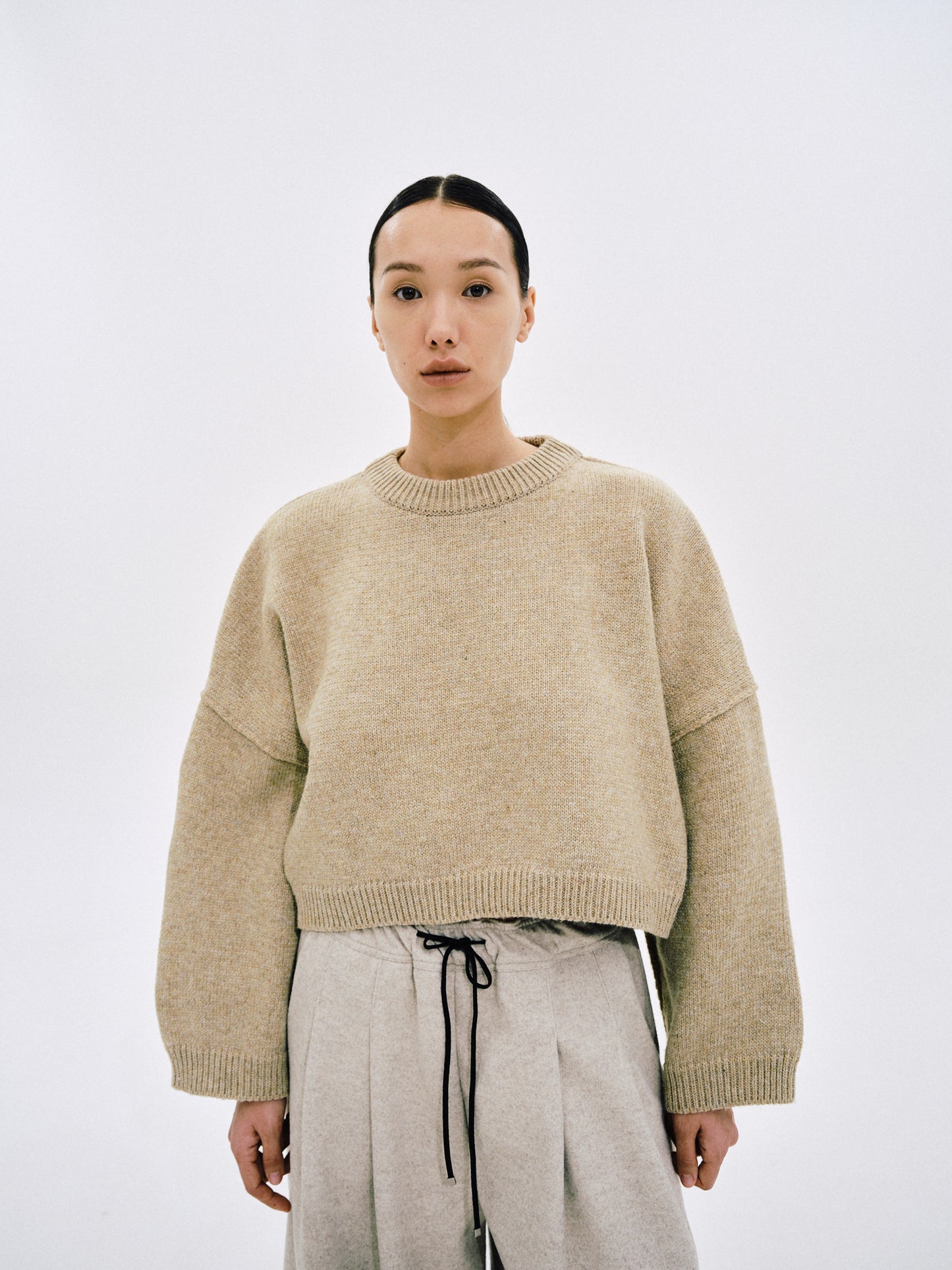 Boxy Wool Sweater, Tan Beige