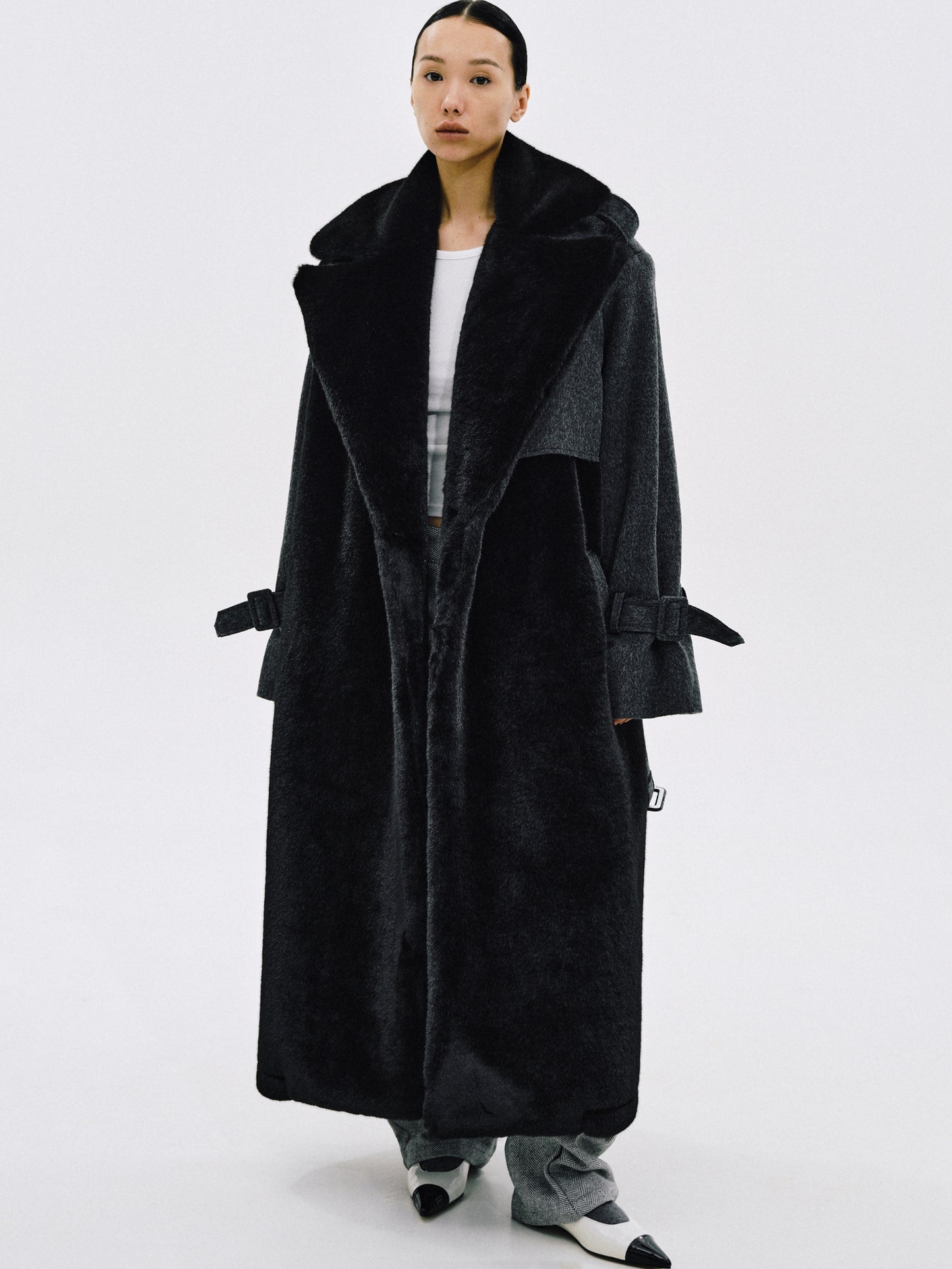 Oversized Faux Fur & Wool Coat, Black