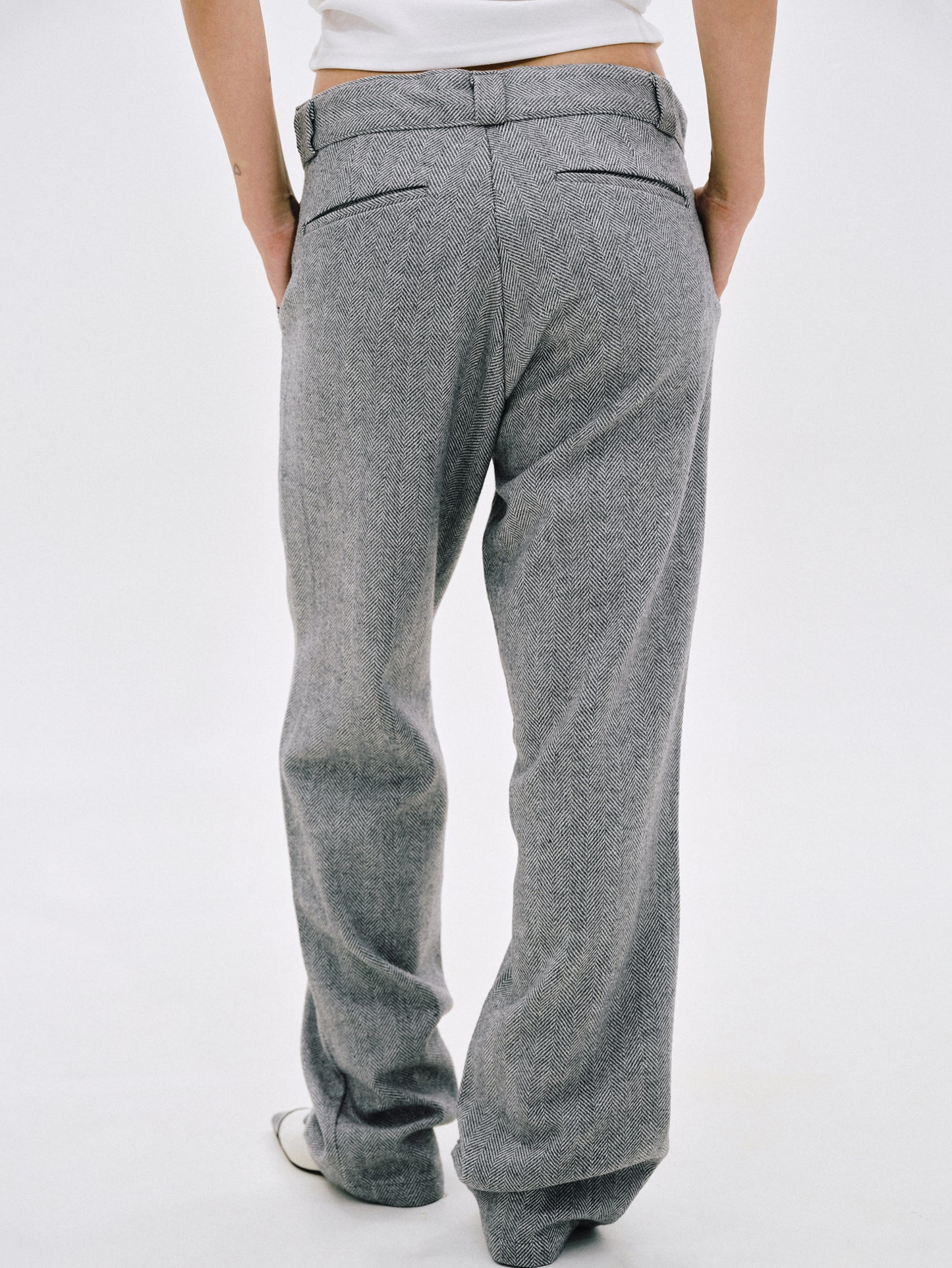 Low Rise Herringbone Suit Trousers, Grey