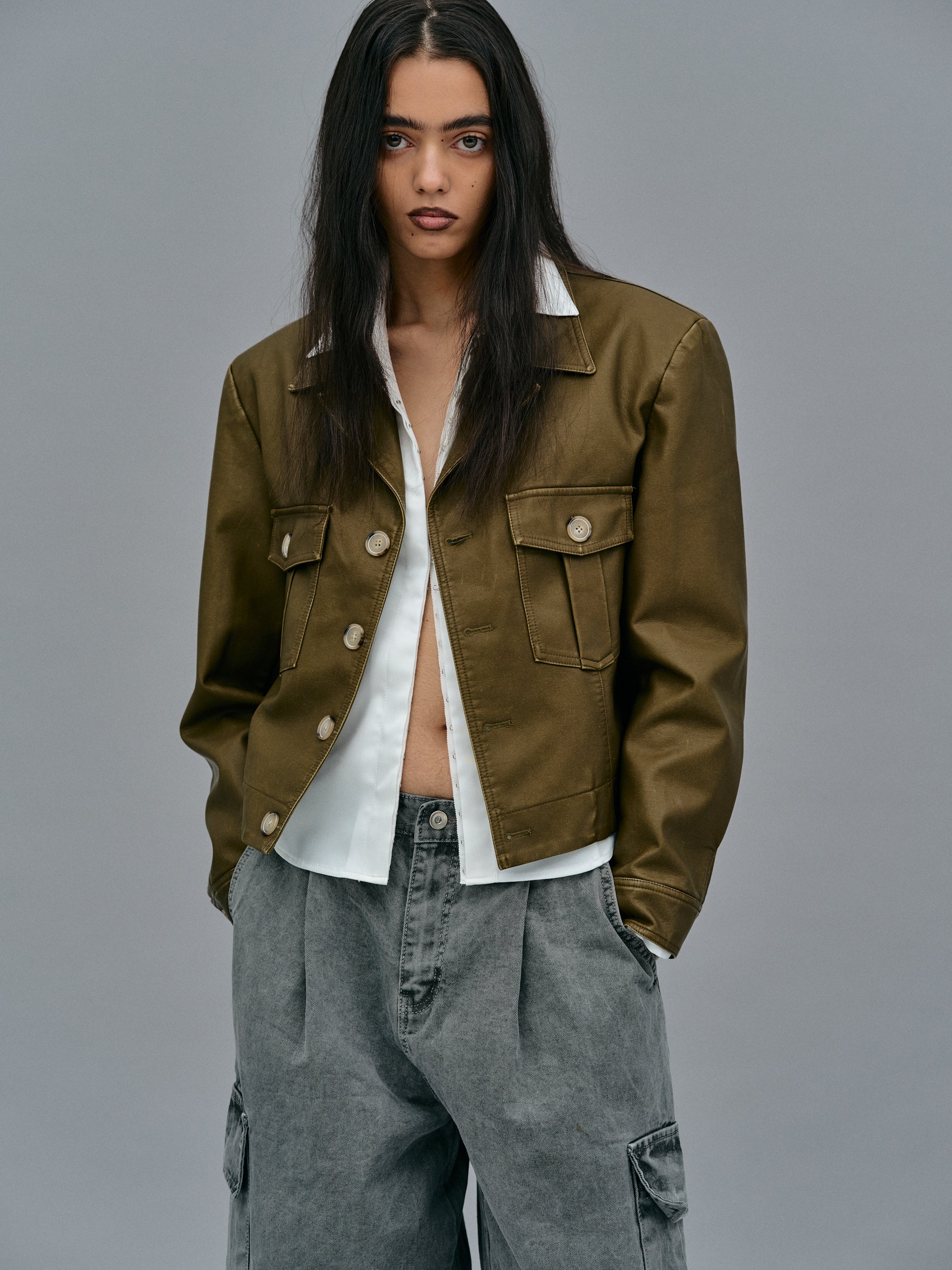 Faded Faux Leather Jacket, Khaki – SourceUnknown