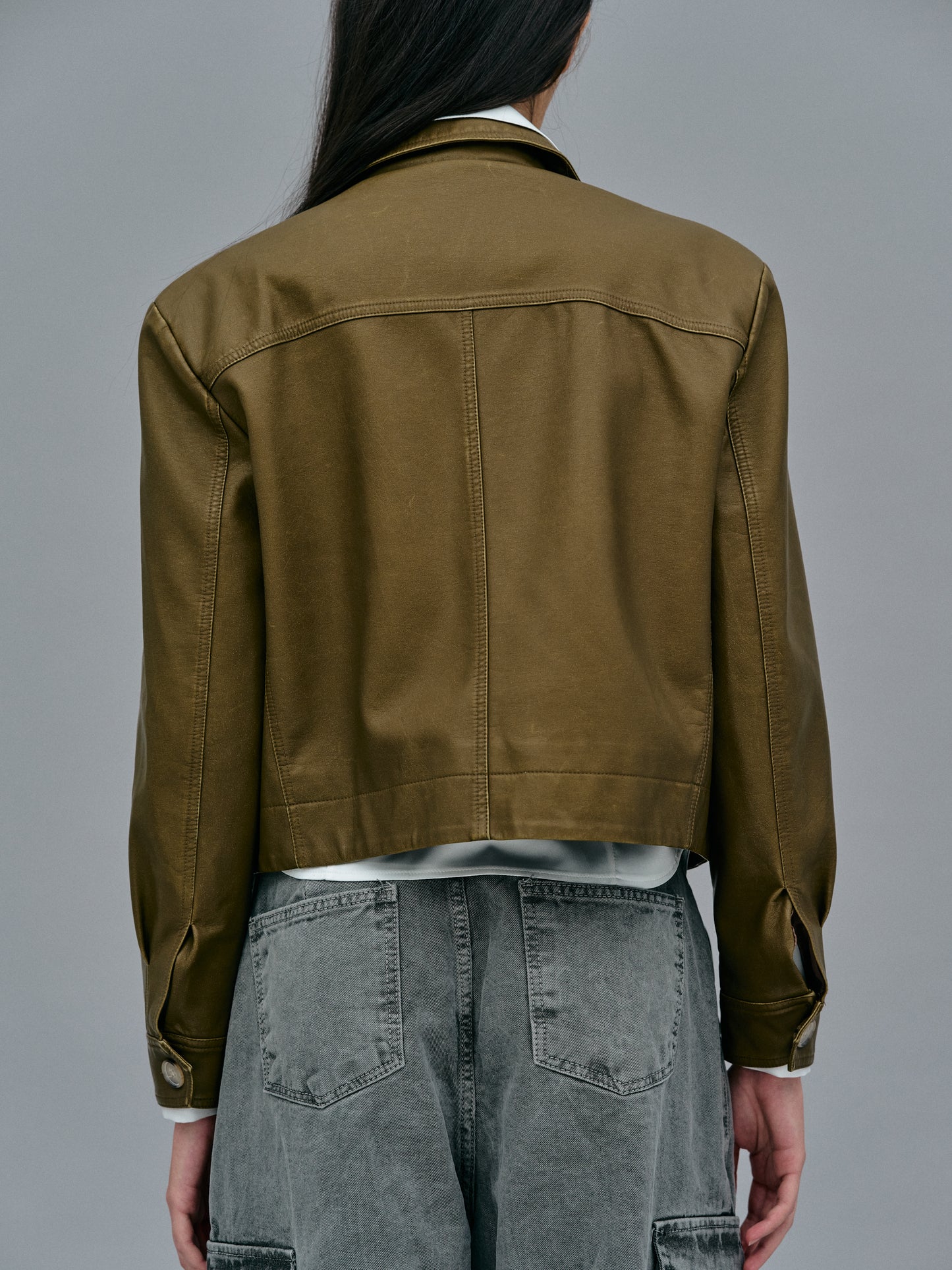 Faded Faux Leather Jacket, Khaki