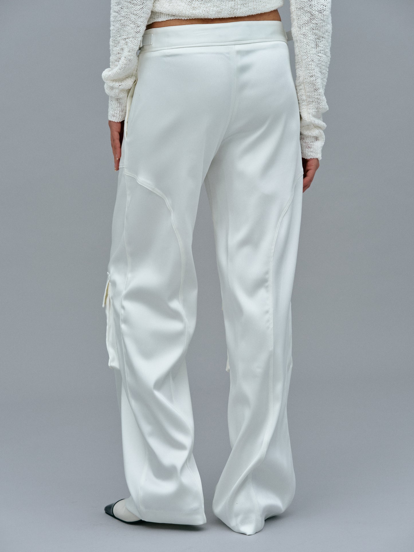 Integrated Belt Satin Cargo Pants, White