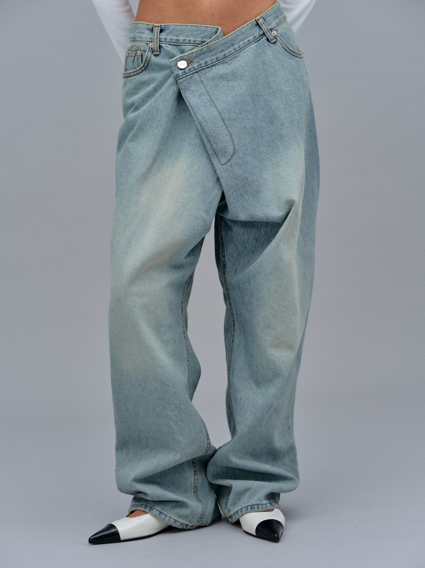 Pre-order) Asymmetric Wrap Faded Jeans, Stone Wash – SourceUnknown