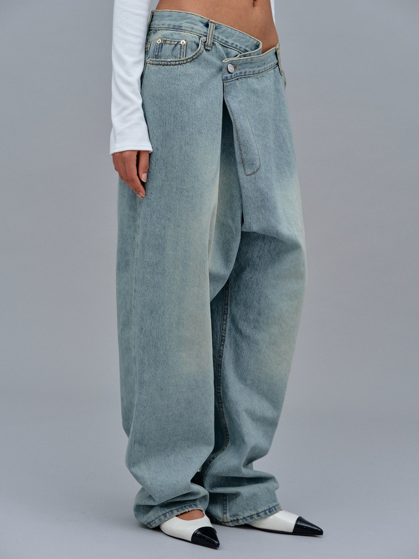 (Pre-order) Asymmetric Wrap Faded Jeans, Stone Wash