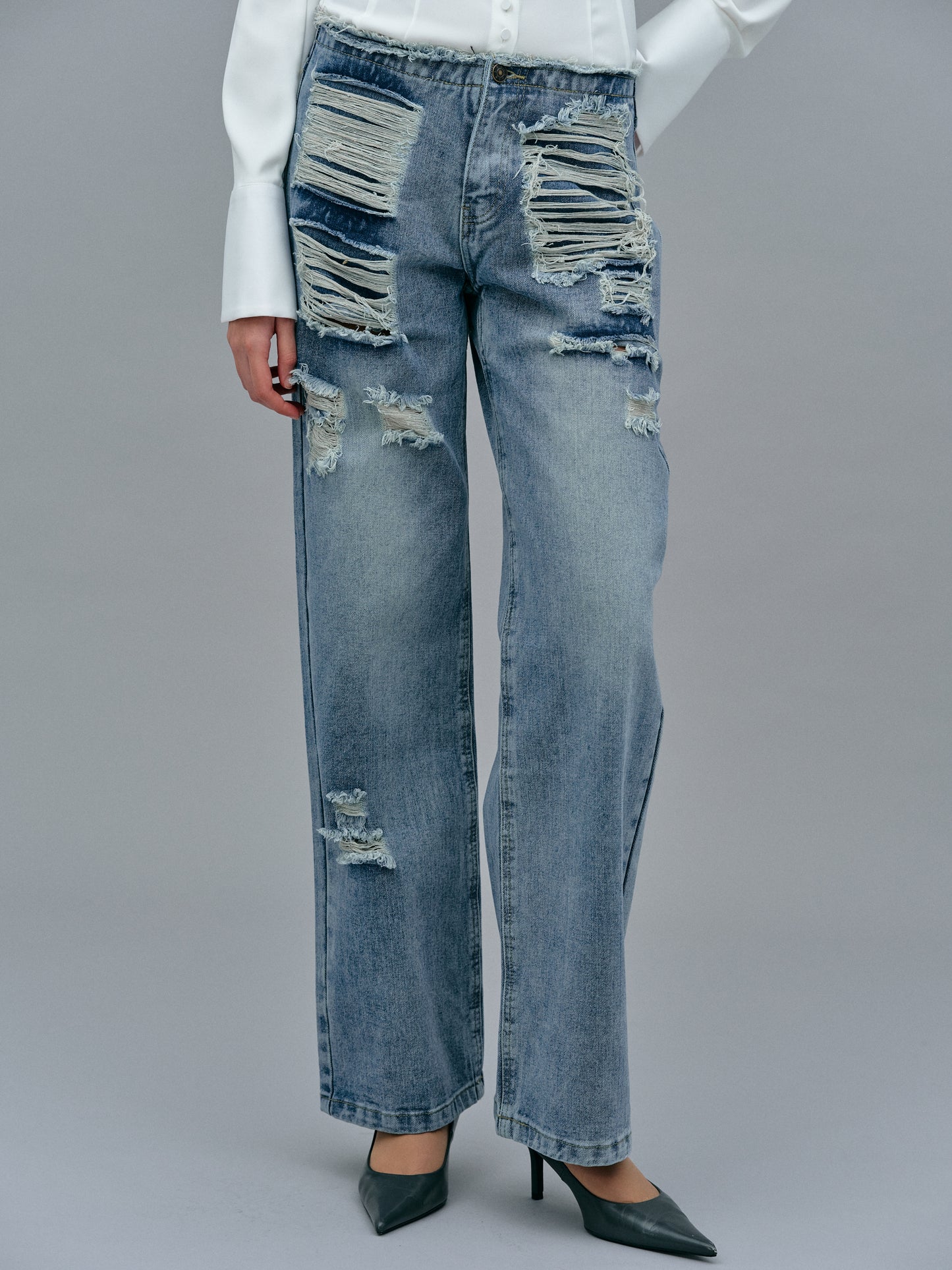 Raw Waist Distressed Jeans, Blue