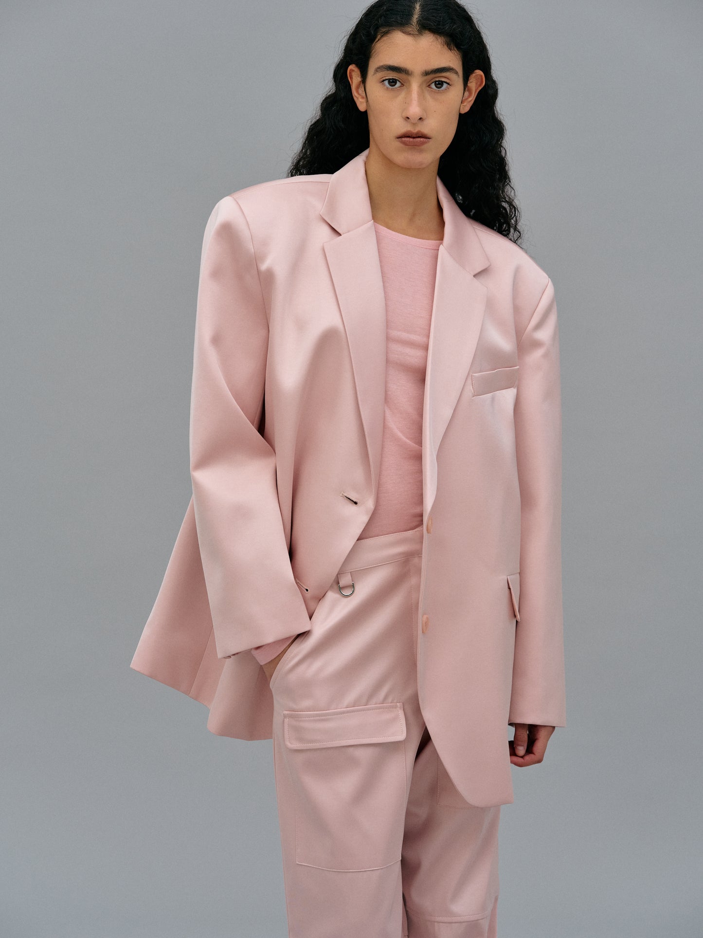 Boxy Cross-Over Satin Blazer, Pink
