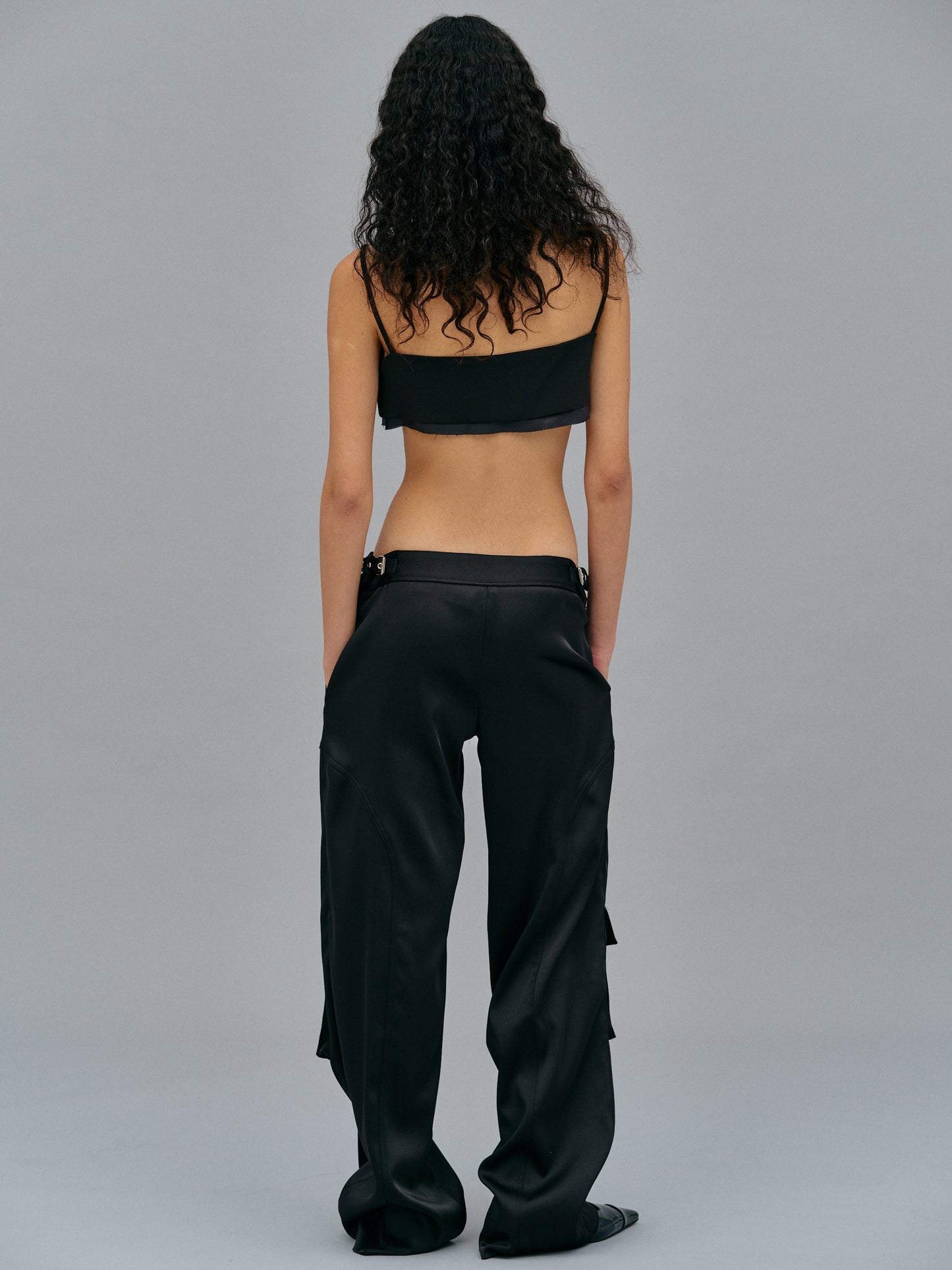 Integrated Belt Satin Cargo Pants, Black SourceUnknown