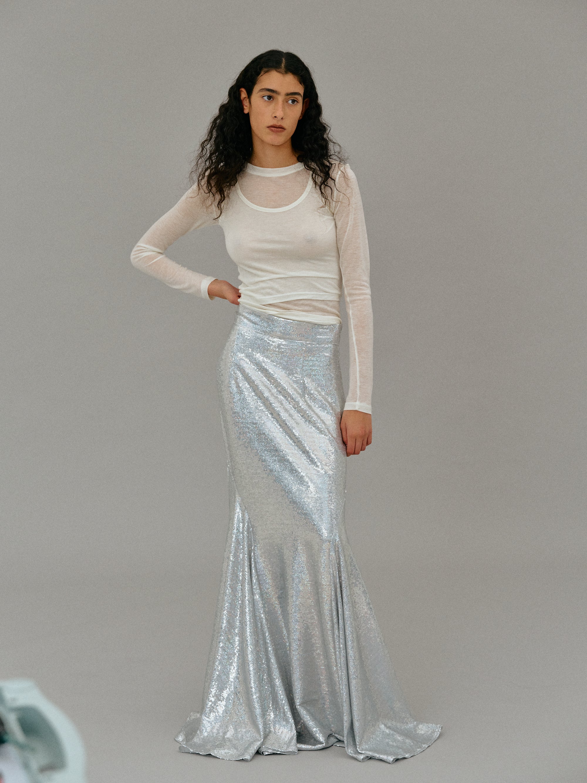 Full length discount silver sequin skirt