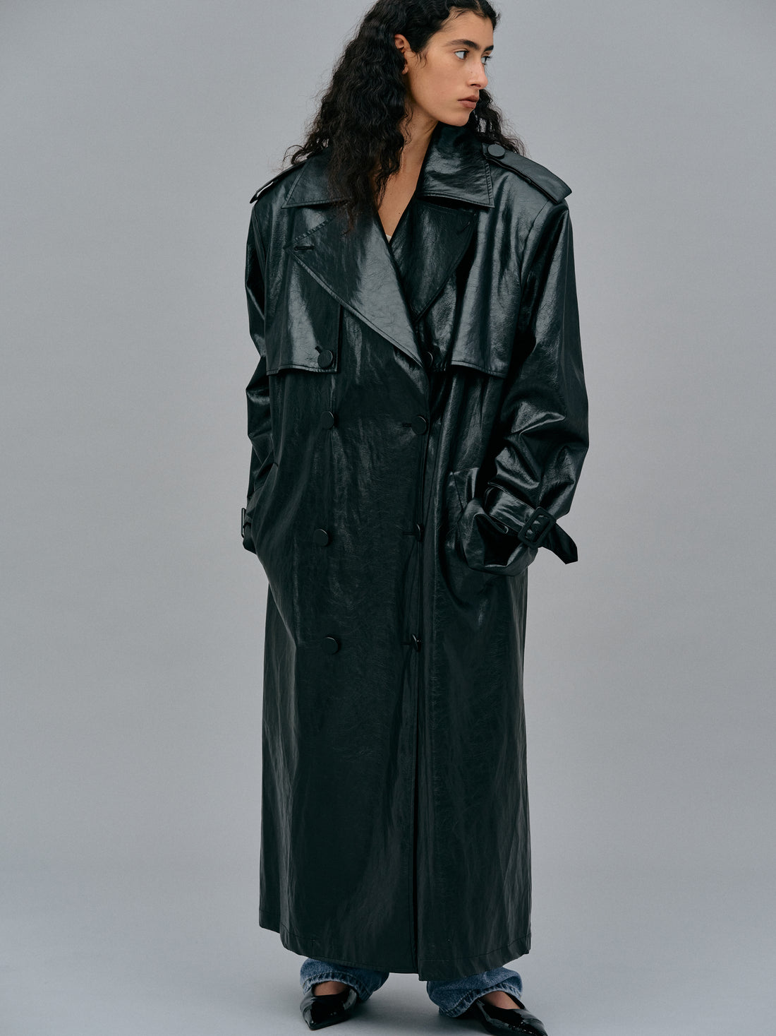 Oversized Shiny Trench Coat, Black – SourceUnknown