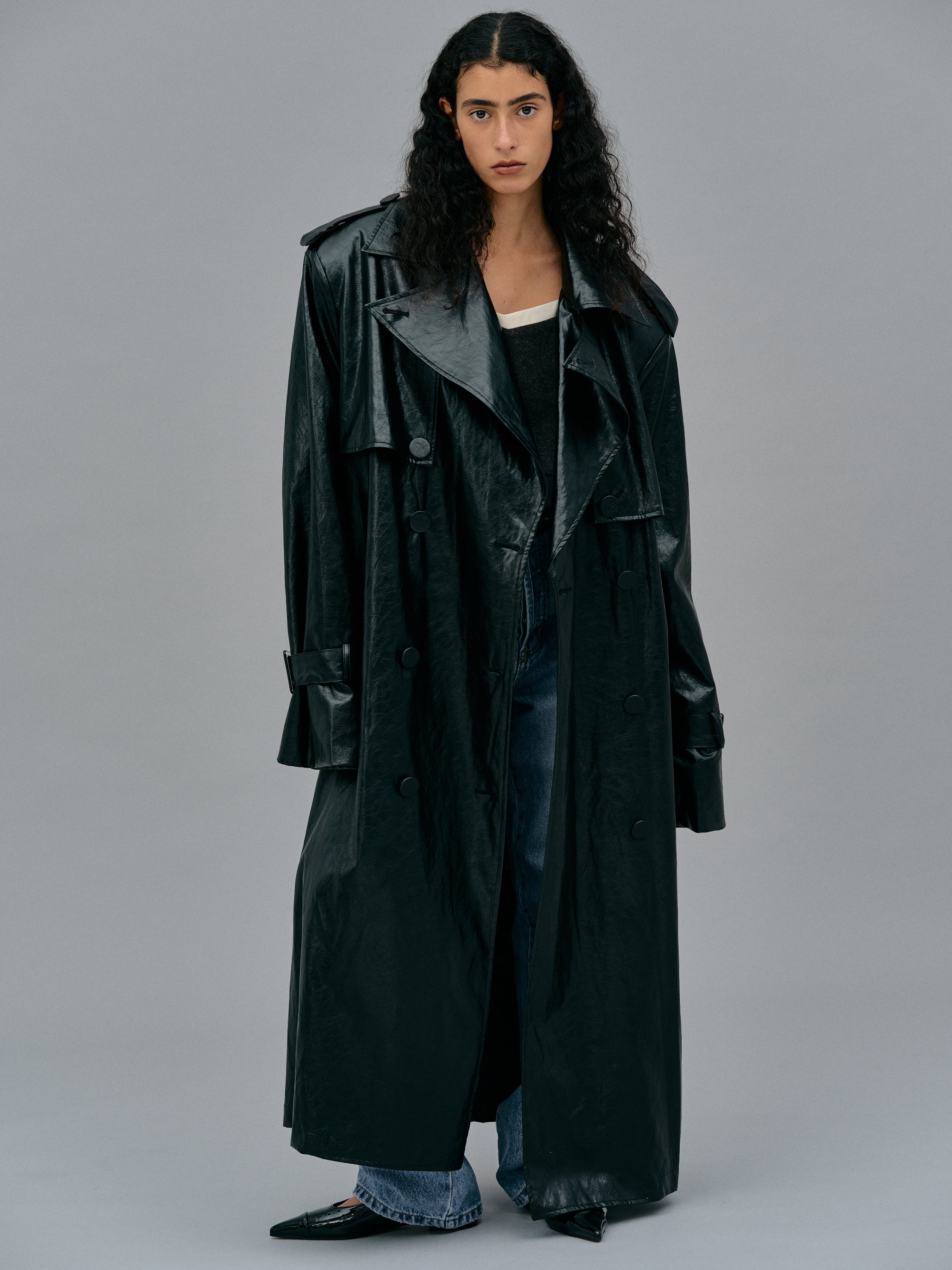 Oversized Shiny Trench Coat, Black – SourceUnknown