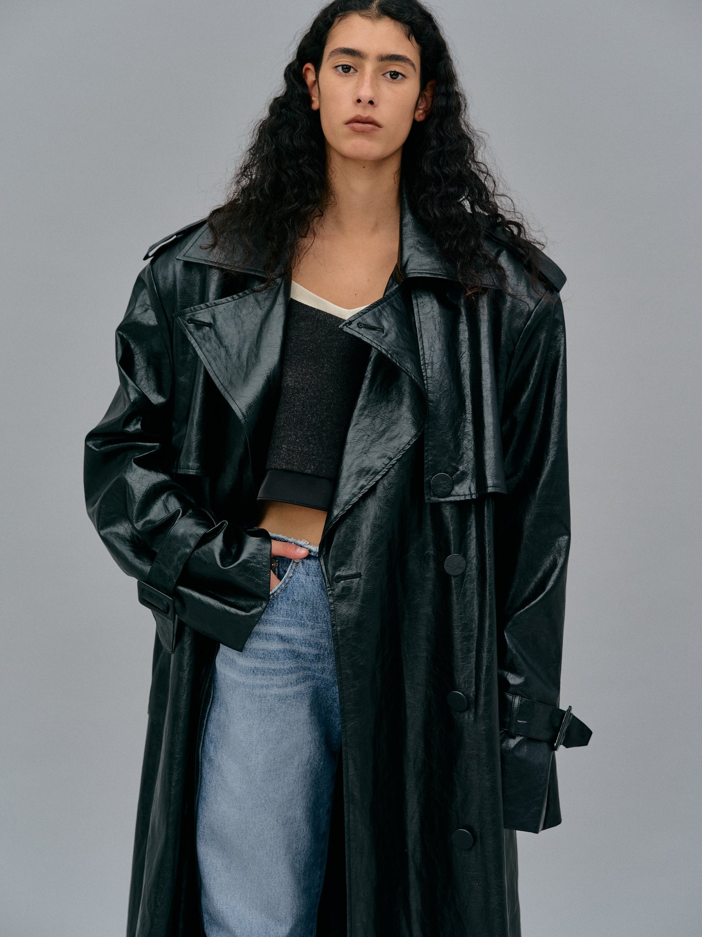 Oversized Shiny Trench Coat, Black – SourceUnknown