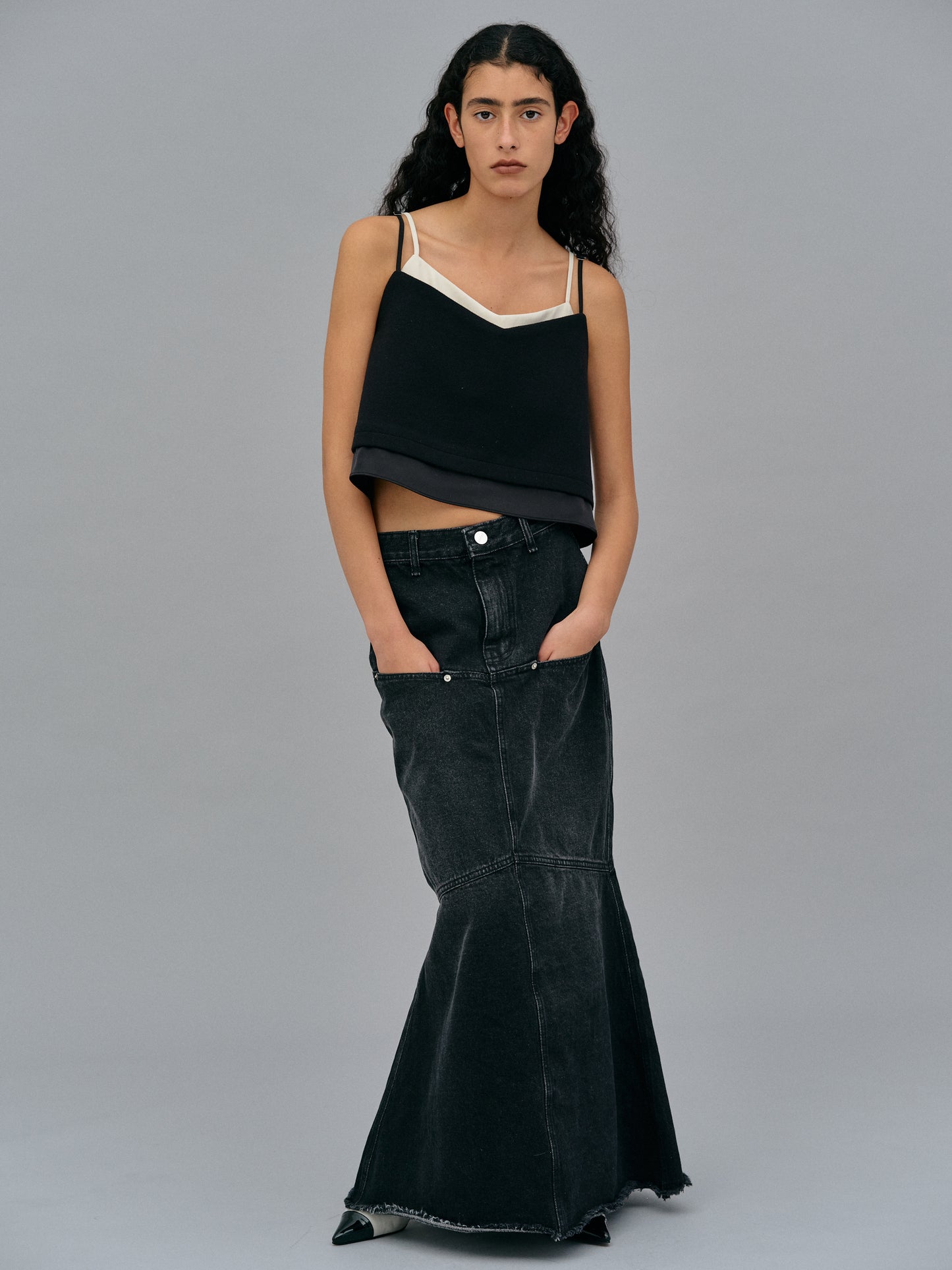 Low Pocket Denim Skirt, Washed Black