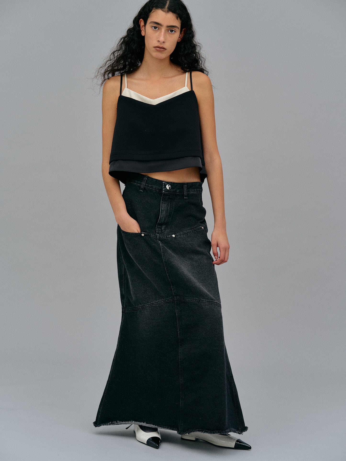 Low Pocket Denim Skirt, Washed Black