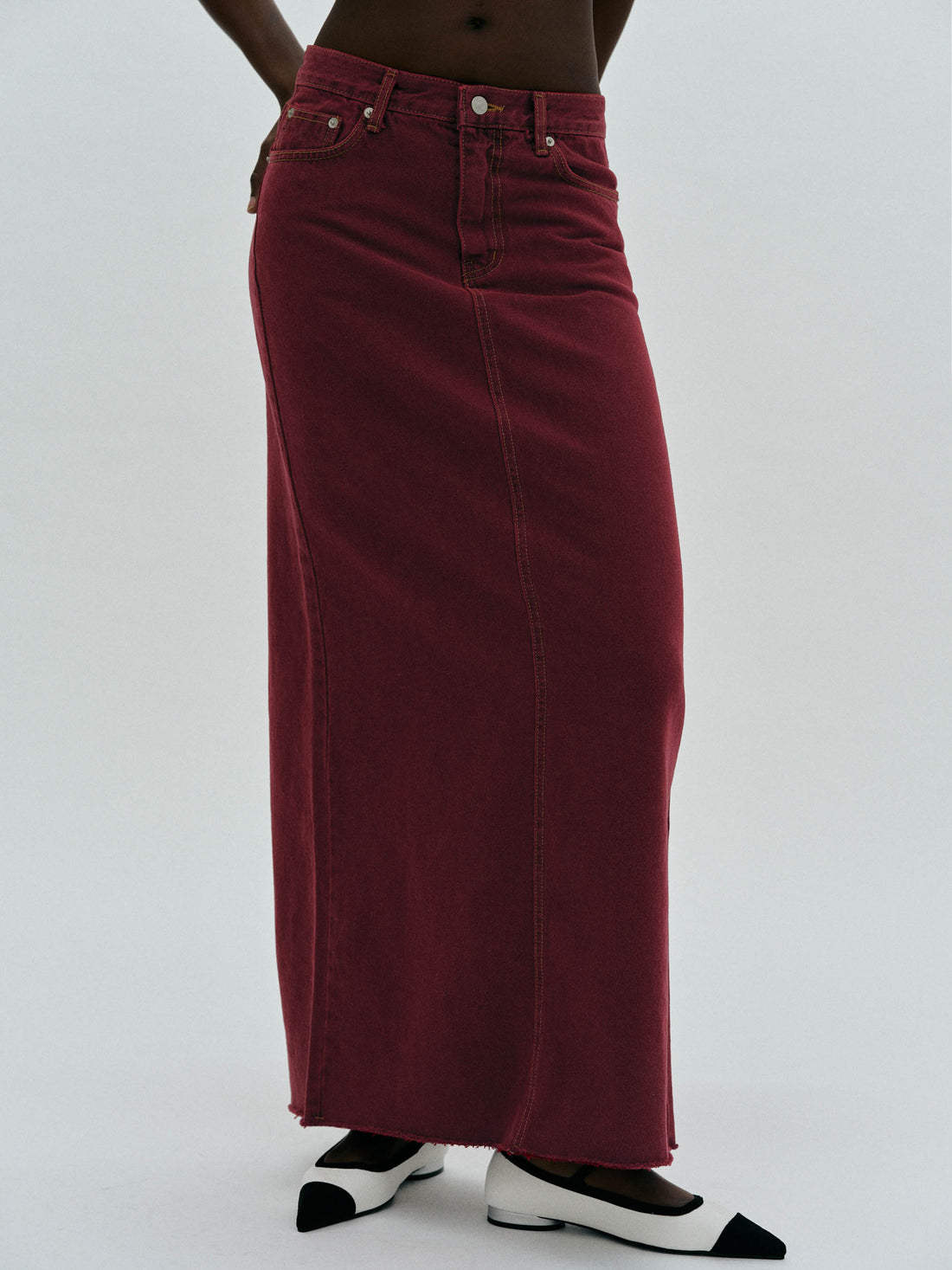 Long Denim Pencil Skirt, Maroon – SourceUnknown